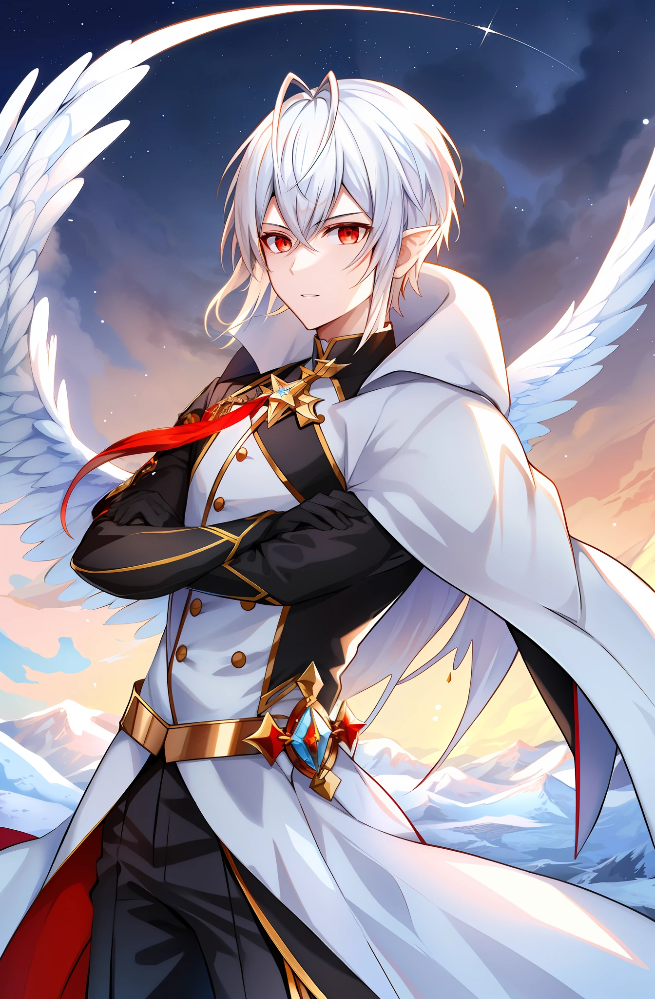 ("Soaring Work"), Top Picture, Extreme Detail, Dreamy Ice World, (Male Boy) Unique Heroic Posture, Eyes that Light Up the Cold Night Sky, (Red Eyes), Flowing Snow-White Hair Fluttering in the Wind, Fiery Red and Blue Magic Scorching Earth, Pointed Ears