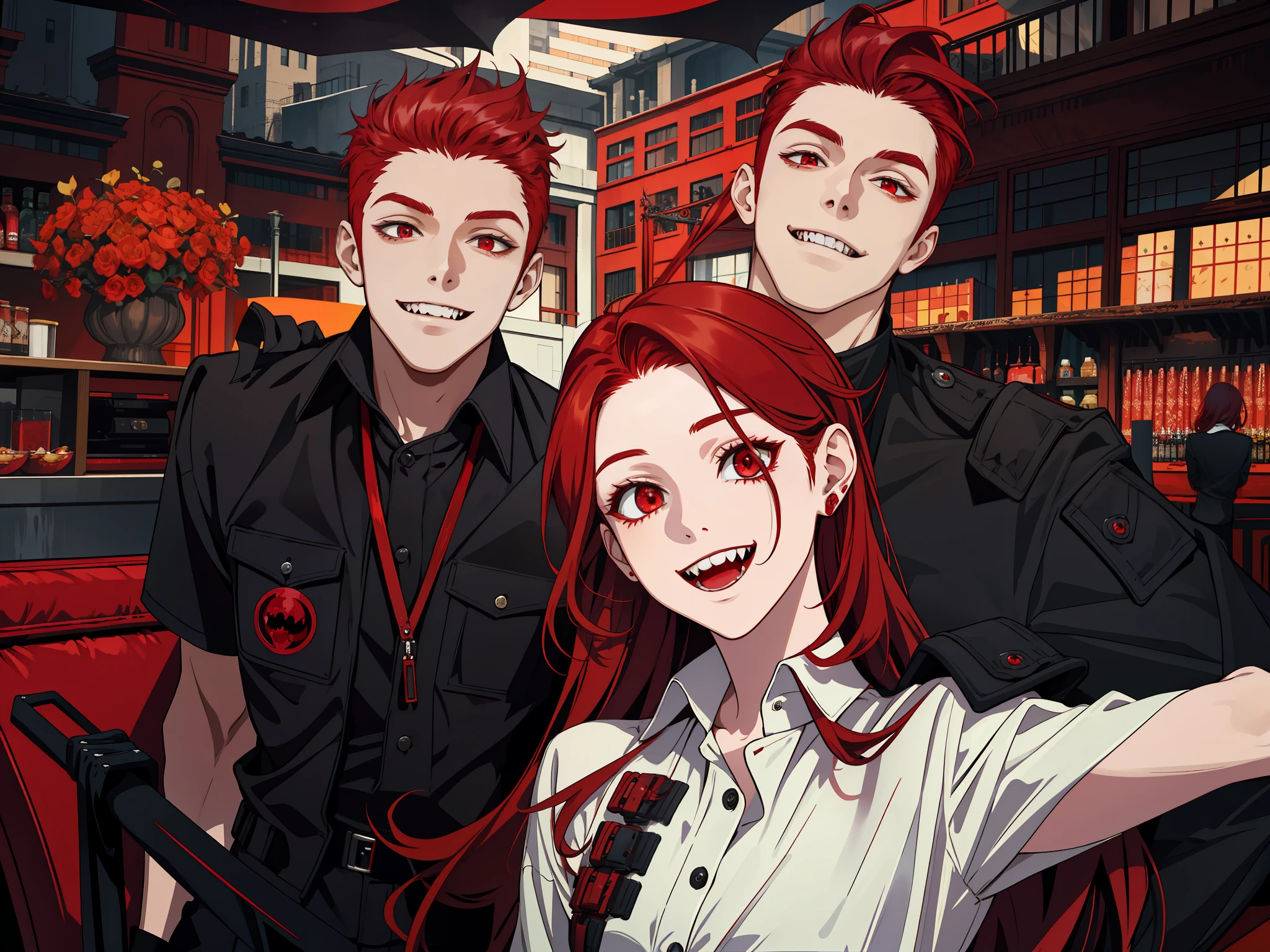 masterpiece, best quality, highres, 1girl, solo, modern vampire, red hair girl, long hair, open hair, red eyes, evil smile, 2 young boys on her both sides, both vampires with red hair, red and black outfit, scary background