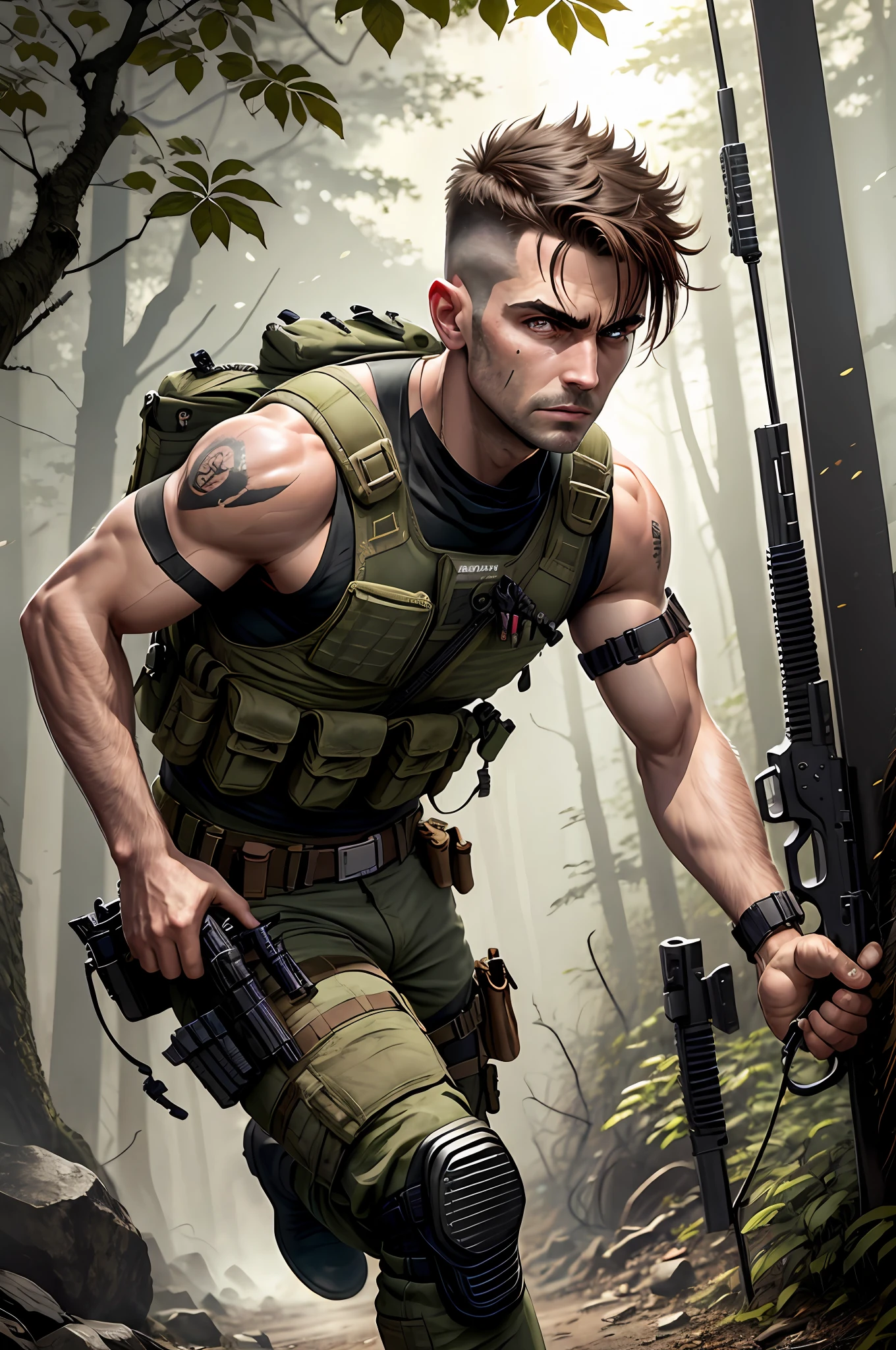 boots, canadian male, full body, aiming and firing a modern compound bow, arrow, knee pads, male focus, military, military uniform, pouch, brown hair, buzz cut hair, clean-shaven, solo, standing, , assault vest, drop-down pistol holster, jungle background, high-tech eye piece on right eye, battle, tanks, explosions, gritty war-torn atmosphere, black ops,