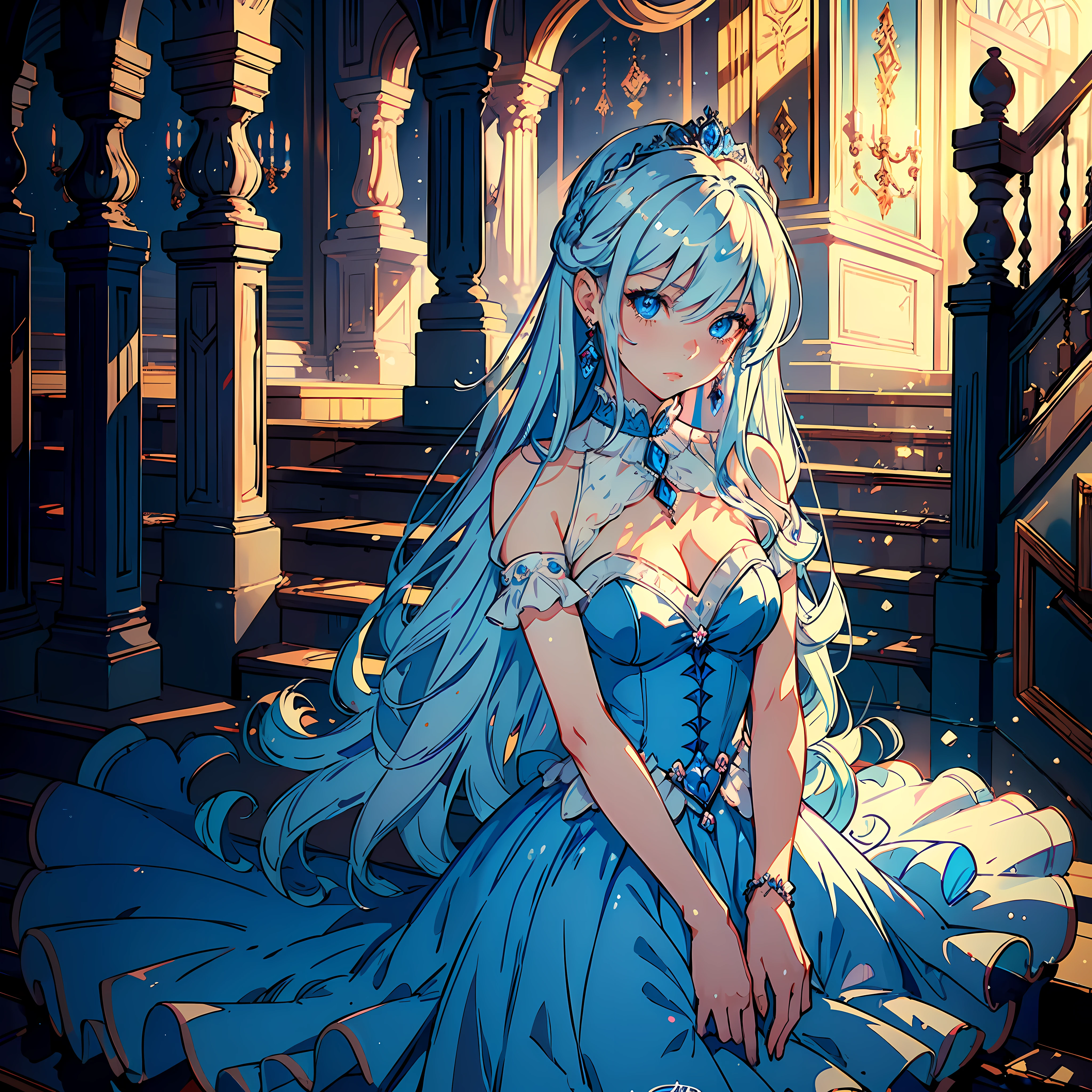 (((Best Quality)))),(((Ultra Detail))),(((Masterpiece)))) Illustration, 1 woman, pretty, long blue hair, blue eyes, love pupils, love earrings, delicate face, princess dress, mansion, tears, dolls, stairs, soft light