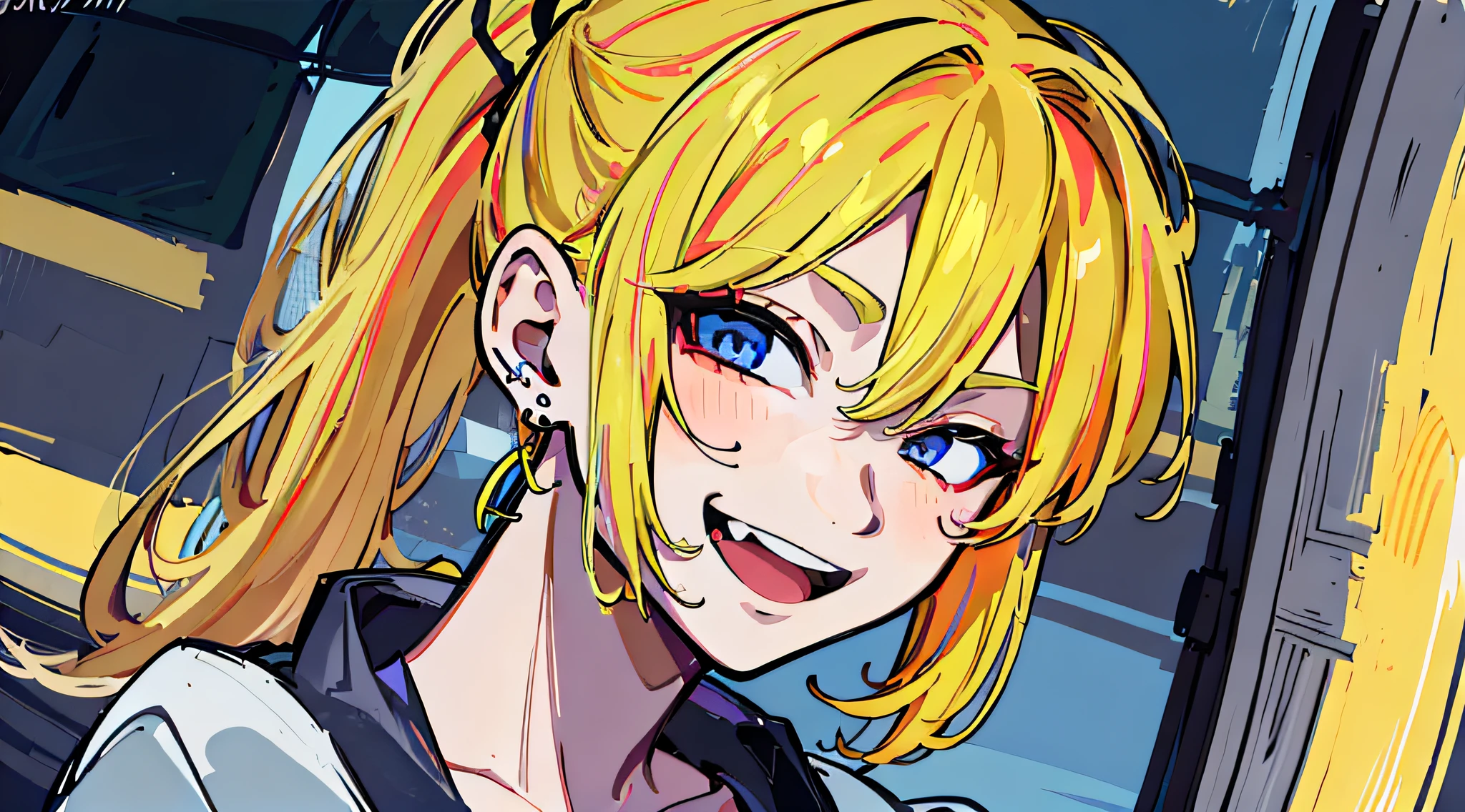 masterpiece, high quality, (anime), best quality, ((((1boy)))), very detailed eyes and face, dynamic light, (dynamic background),(blonde ponytail hair),(sueter),(black jeans),(lost look),(smiling), ((1 earring)),(circular earring),(1fang),(headband)