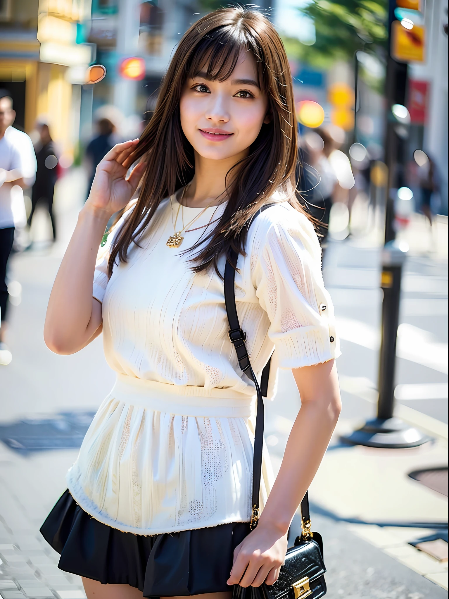 18 year old girl with perfect face and big, café, hands cross in front of body, cute clothes, slim and slender physique. The skin has detailed and highly detailed eyes (1.1 emphasis), very detailed skin texture (1.1 emphasis). Slender necklace, model photo style, photorealistic, skin texture is real human skin texture, detailed skin pores, intricate details, eyes very detailed, tight skirt with black pattern: 1.5, fluffy cream shirt with sleeves: 1.2, beige bag, street, smile, viewer's eye level, waist up