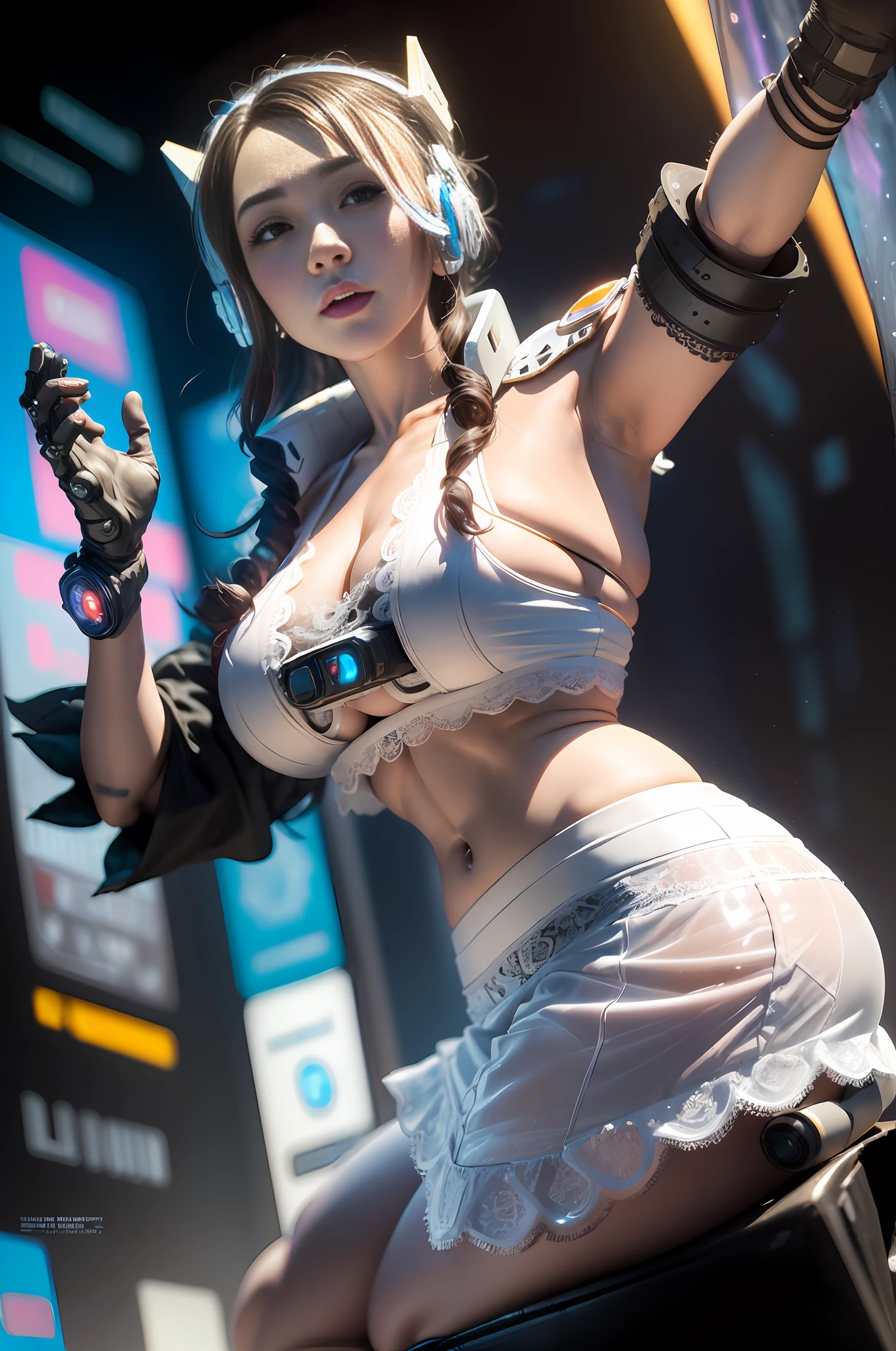 ((Best quality)), ((masterpiece)), (highly detailed:1.3), 3D, beautiful, (cyberpunk:1.6), in space, nebula, (holding_weapon:1.3), laser, (1Female mecha:1.3), sexy body, facing the audience, Glowing eyes, full body, (flying, swooping down, dynamic, motion blur: 1.4), (huge mech wings: 1.6), looking up, glowing_eyes, mecha, panorama, background is earth, nebula, space, particles, Reality, HDR (High Dynamic Range), Ray Tracing, NVIDIA RTX, Super Resolution, Unreal 5, Subsurface Scattering, PBR Textures, Post Processing, Anisotropic Filtering, Depth of Field, Maximum Clarity and Clarity, Multilayer Textures, Albedo and Specular maps, Surface shading, accurate simulation of light-material interaction, perfect proportions, Octane Render, two-tone lighting, large aperture, low ISO, white balance, rule of thirds, 8K RAW, efficient sub-pixel, sub-pixel volume product, (best quality),(Japanese:0.5),(korean:0.8), (Liu Yi Fei:1.5) long hair, (big breast:1.2),(underboob:1.5), (white transparent lace mini skirt:1.5)