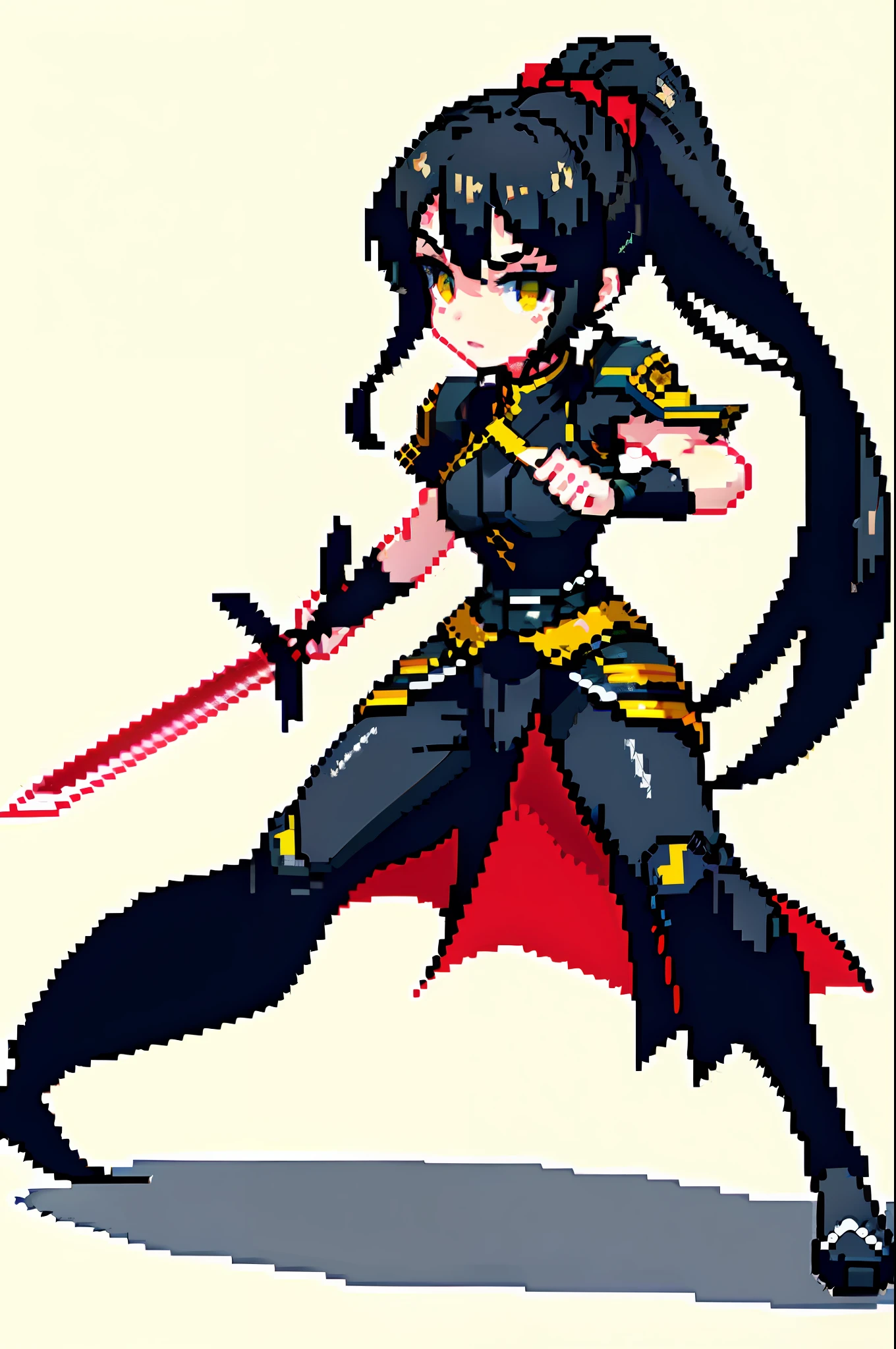 "(Masterpiece, top quality, best quality), singular pixel art portrait featuring 1 girl with striking yellow eyes, black hair styled in a flowing ponytail, adorned in a sleek black and red samurai armor, showcasing her proficiency with a sword in a combative stance."