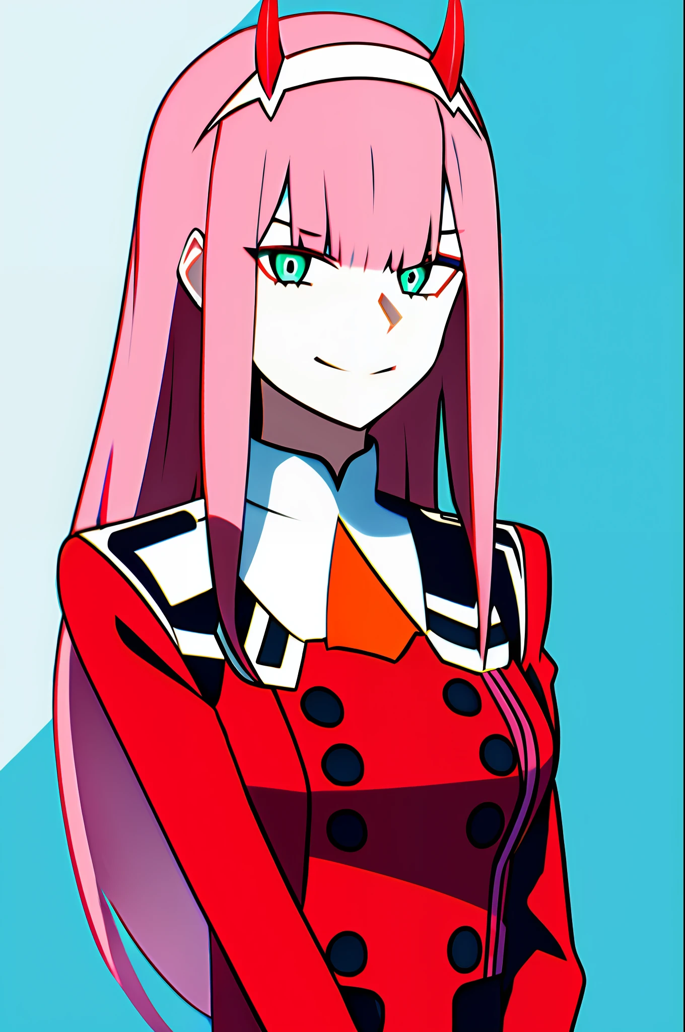 zero two \(darling in the franxx\), darling in the franxx, 1girl, ascot, bangs, blue background, green eyes, hairband, horns, long hair, long sleeves, looking at viewer, red jacket, closed jacket, military uniform, oni horns, orange ascot, pink hair, red horns, simple background, smile, solo, standing, uniform, white hairband, ((masterpiece)),