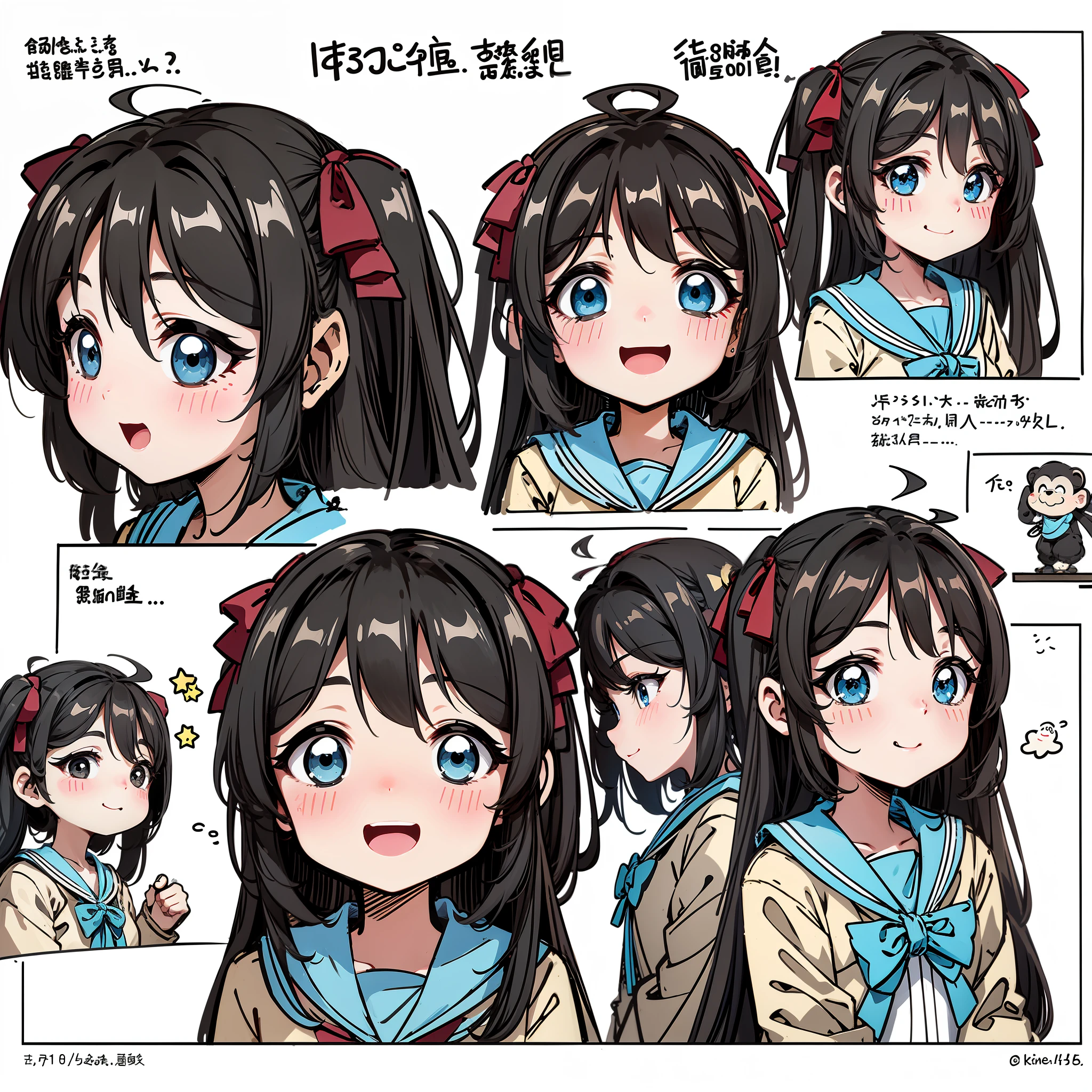a cute monkey, all
kinds of expressions, happpy, sad, angry, expectant
laughter, disappointed1, cute eyes, white
background, illustration-nii 5-style cute, emoji
as illustration set, with boold manga line style,
dynamic pose dark white,, f/64 group, related
characters, Old Meme Kernel