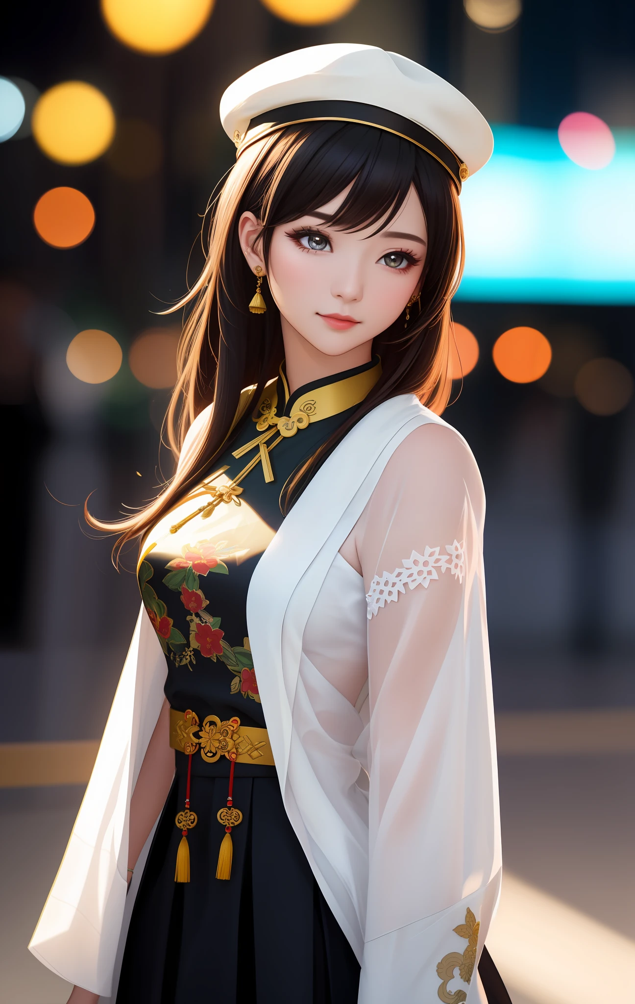 Top Quality, Masterpiece, High Resolution, One Girl, One Girl, Cheongsam, Hat, Necklace, Jewelry, Beautiful Face, on_body, Tyndall Effect, Photorealistic, Dark Studio, Rim Lighting, Two-Tone Lighting, (High Definition Skin: 1.2), 8K UHD, DSLR, Soft Lighting, High Quality, Volumetric Lighting, Candid, Photography, High Resolution, 4k, 8k, Bokeh