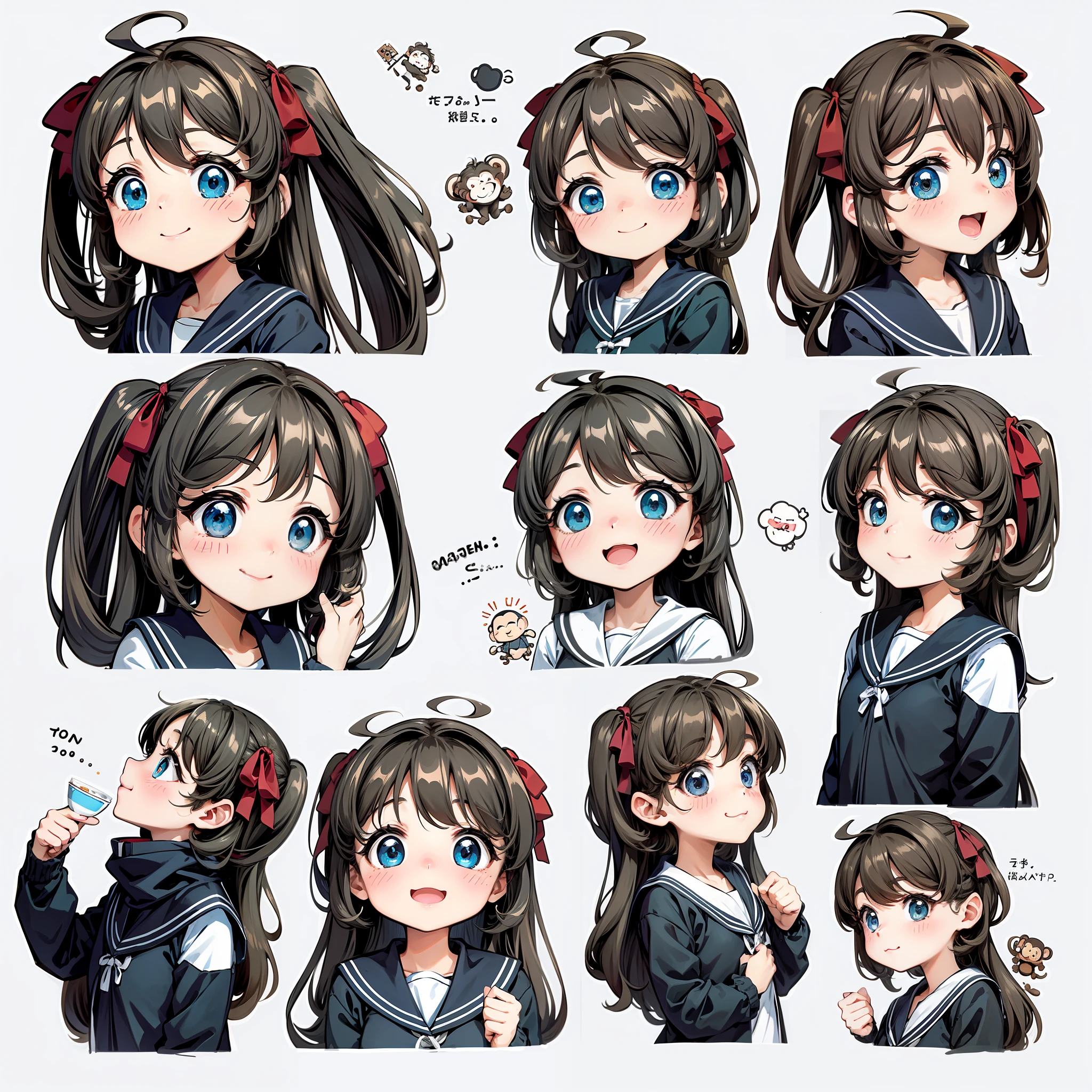 a cute monkey, all
kinds of expressions, happpy, sad, angry, expectant
laughter, disappointed1, cute eyes, white
background, illustration-nii 5-style cute, emoji
as illustration set, with boold manga line style,
dynamic pose dark white,, f/64 group, related
characters, Old Meme Kernel