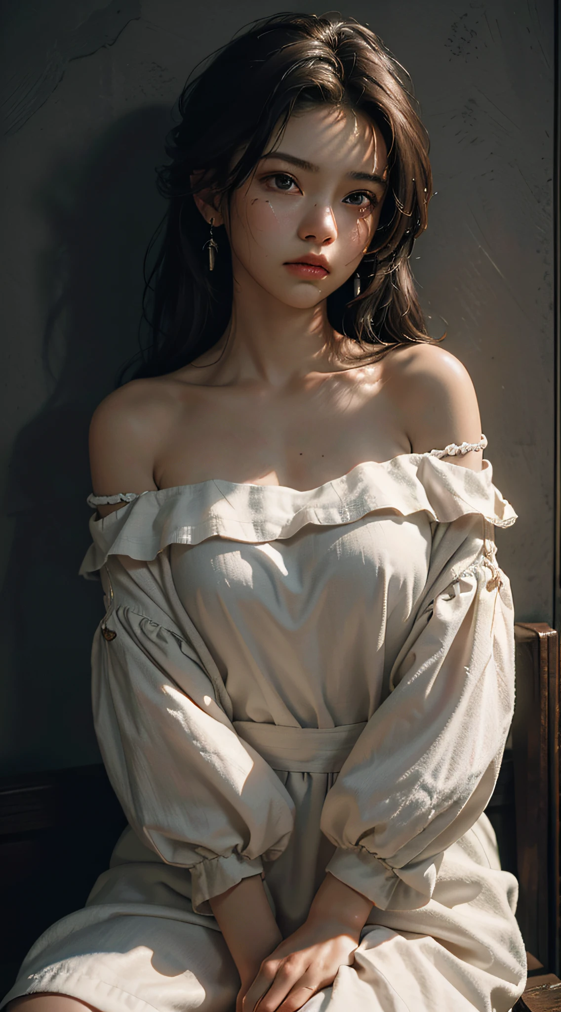 Best quality, masterpiece, ultra high res, (photorealistic:1.4), raw photo, (Authentic skin texture:1.3), (film grain:1.3), panorama, character portrait, very wide shot, narrow waist, cowboy shot, (in the dark, deep shadow, low key, cold light,) night, close-up, streaming tears,
indoor, dust, Tyndall effect, sad, disappointed, gloom (expression), sitting, (against wall), crying, frown, (head bowed), nervous, tearing up, lonely,
1girl, beautiful detailed eyes and face, white jabot, off shoulder, brown eyes,