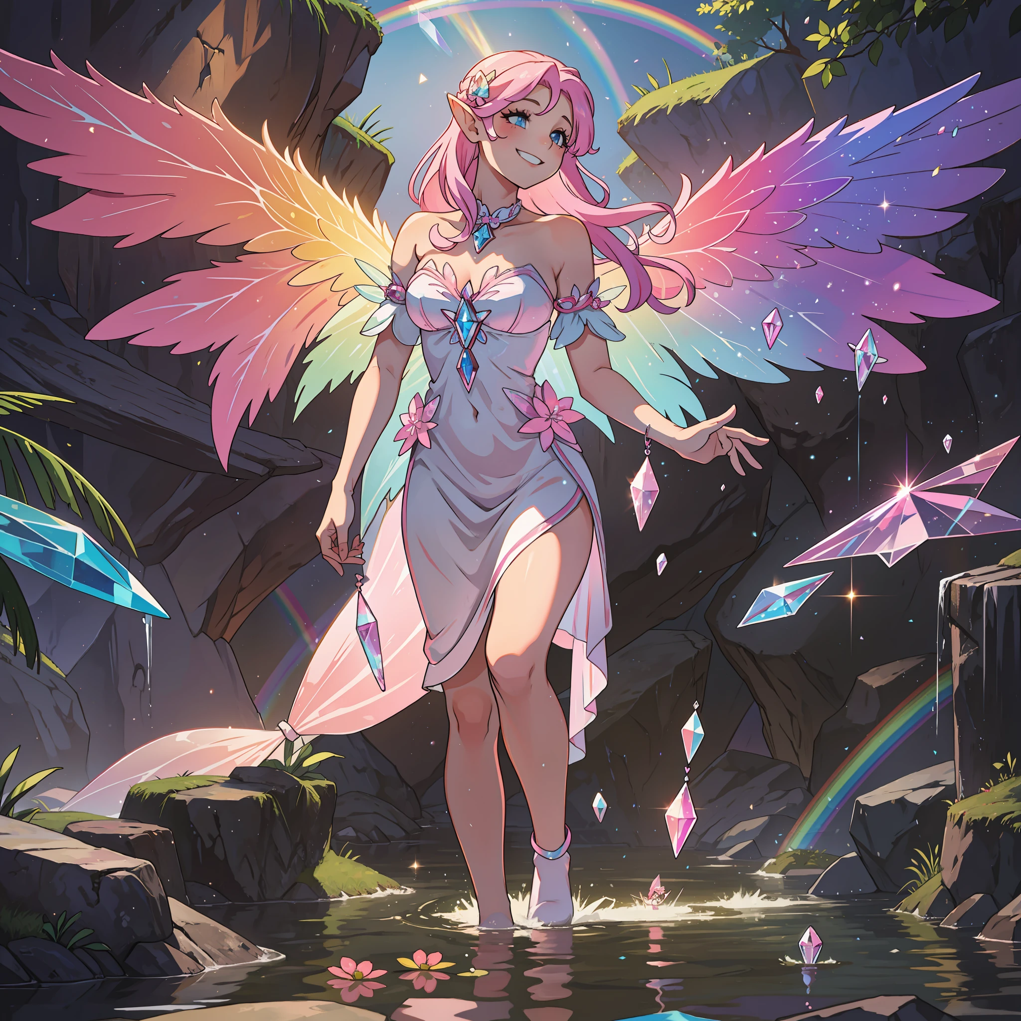 crystalline rainbow goddess fairy pink, smiling