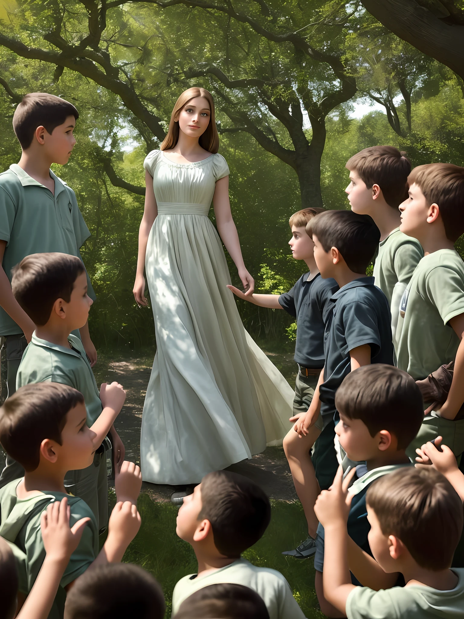 masterpiece, best quality, (realistic:1.2), A beautiful woman standing in the center of a group of young boys, with each boy looking up at her in awe. The lighting should be naturalistic, with bright sunlight streaming in through the trees. The woman should be confident and poised, with a gentle smile on her face