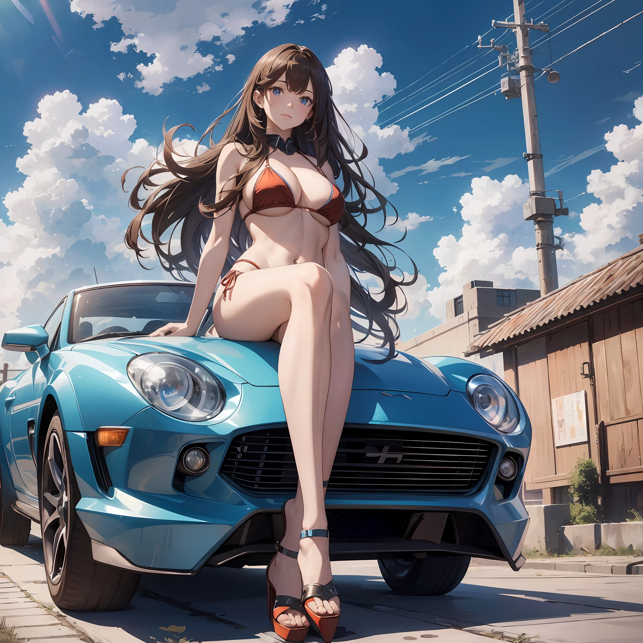 16K, HDR, ray tracing, RTX, ultra realistic, highres, wide angle shot, best quality, masterpiece, full body image, (perfect anatomy ), a beautiful mature milf posing for a photograph sitting on a car roof, wearing a sexy red bikini, long brown hair, bangs, happy chuckle, blue eyes, sexy body, looking at the camera, day time, blue sky, clouds, spaceship in the sky, anime style, outdoors, trending on artstation, WLOP, sakimichan, award wining, great composition, perfect, great lighting