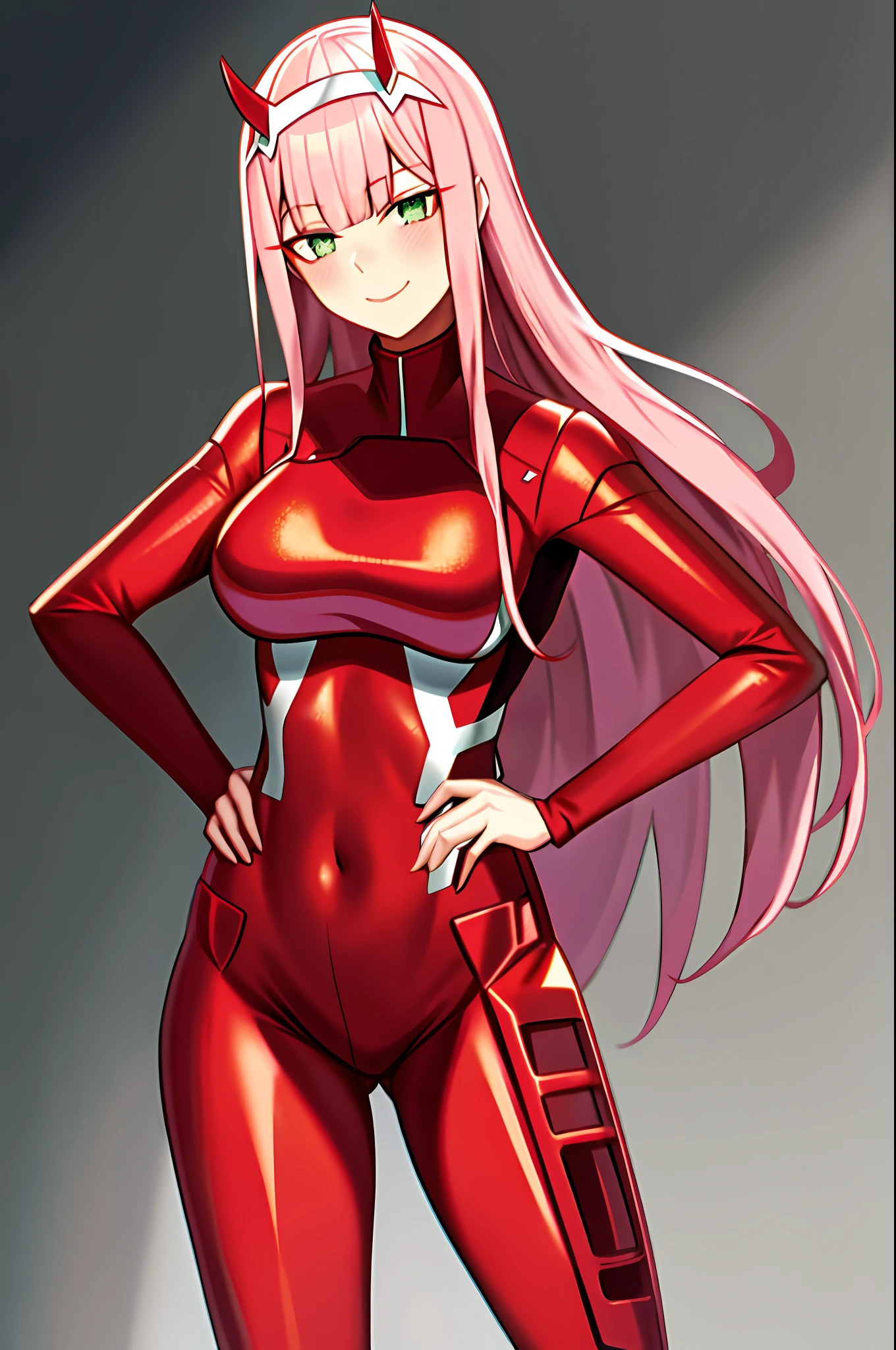 zero two \(darling in the franxx\), darling in the franxx, 1girl, bangs, blush, covered navel, eyeshadow, green eyes, hair behind head, hand on hip, horns, smile, long hair, looking at viewer, makeup, medium breasts, pilot suit, (red suit), pink hair, red eyeshadow, science fiction, skin tight, solo