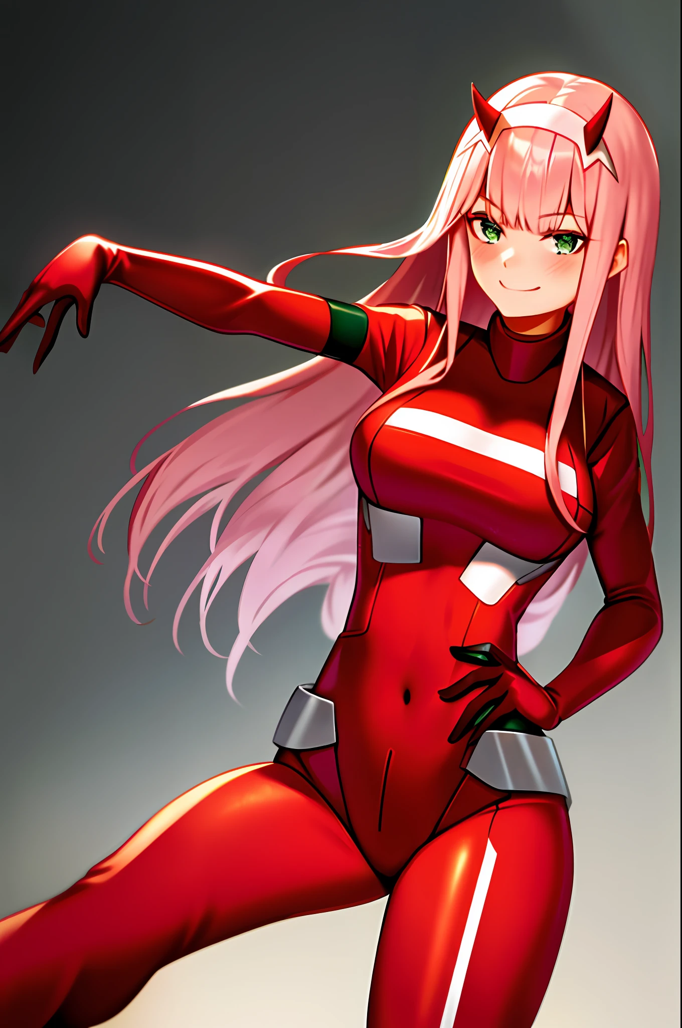 zero two \(darling in the franxx\), darling in the franxx, 1girl, bangs, blush, covered navel, eyeshadow, green eyes, hair behind head, hand on hip, horns, smile, long hair, looking at viewer, makeup, medium breasts, pilot suit, (red suit), pink hair, red eyeshadow, science fiction, skin tight, solo