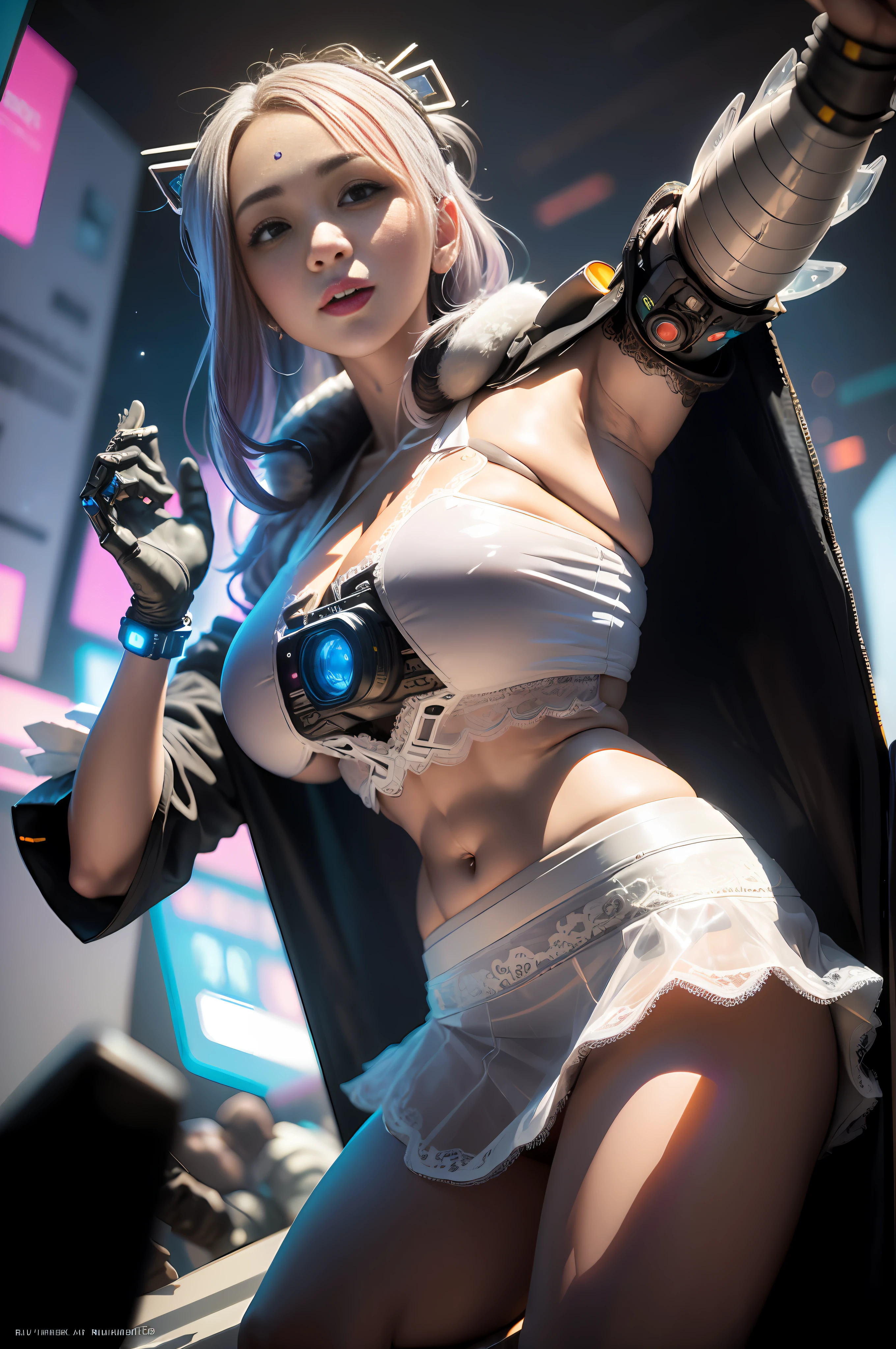 ((Best quality)), ((masterpiece)), (highly detailed:1.3), 3D, beautiful, (cyberpunk:1.6), in space, nebula, (holding_weapon:1.3), laser, (1Female mecha:1.3), sexy body, facing the audience, Glowing eyes, full body, (flying, swooping down, dynamic, motion blur: 1.4), (huge mech wings: 1.6), looking up, glowing_eyes, mecha, panorama, background is earth, nebula, space, particles, Reality, HDR (High Dynamic Range), Ray Tracing, NVIDIA RTX, Super Resolution, Unreal 5, Subsurface Scattering, PBR Textures, Post Processing, Anisotropic Filtering, Depth of Field, Maximum Clarity and Clarity, Multilayer Textures, Albedo and Specular maps, Surface shading, accurate simulation of light-material interaction, perfect proportions, Octane Render, two-tone lighting, large aperture, low ISO, white balance, rule of thirds, 8K RAW, efficient sub-pixel, sub-pixel volume product, (best quality),(Japanese:0.5),(korean:0.8), (Liu Yi Fei:1.5) long hair, (big breast:1.2),(underboob:1.5), (white transparent lace mini skirt:1.5)