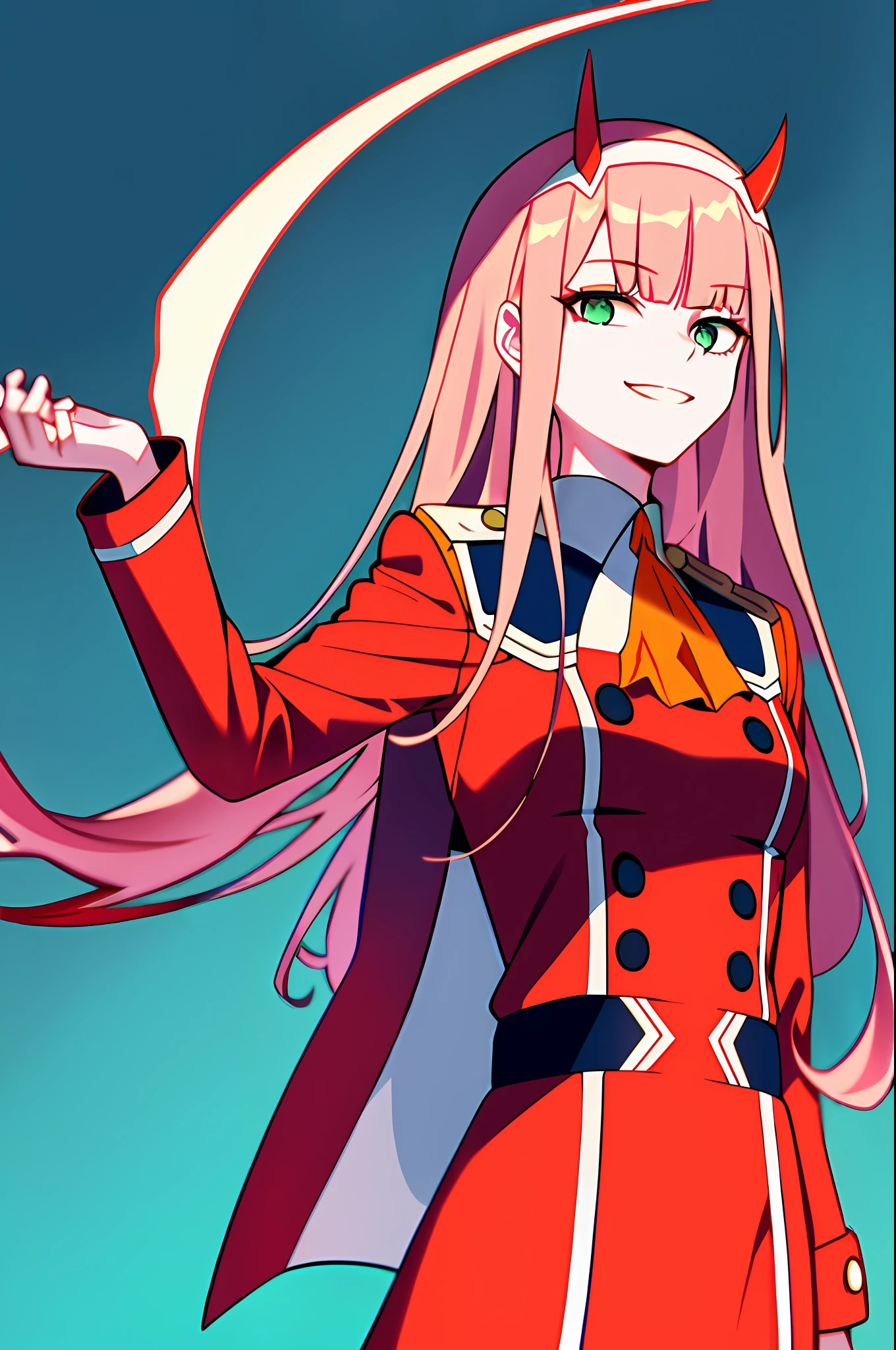 zero two \(darling in the franxx\), darling in the franxx, 1girl, ascot, bangs, blue background, green eyes, hairband, horns, long hair, long sleeves, looking at viewer, red jacket, closed jacket, military uniform, oni horns, orange ascot, pink hair, red horns, simple background, smile, solo, standing, uniform, white hairband, ((masterpiece)),