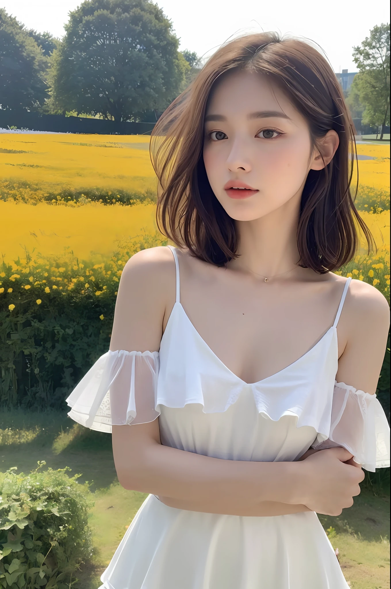 ((Best Quality, 8K, Masterpiece: 1.3)), Focus: 1.2, (Cinema Filter: 1.3) Perfect Body Beauty: 1.4, ((Layered Haircut: 1.2)), , (In the Flower Field: 1.3), Realistic Face and Skin Texture, Full Body, Detailed Eyes, Double Eyelids, Long Hair, (Round Face: 1.5), (White Dress: 1.6), Sexy