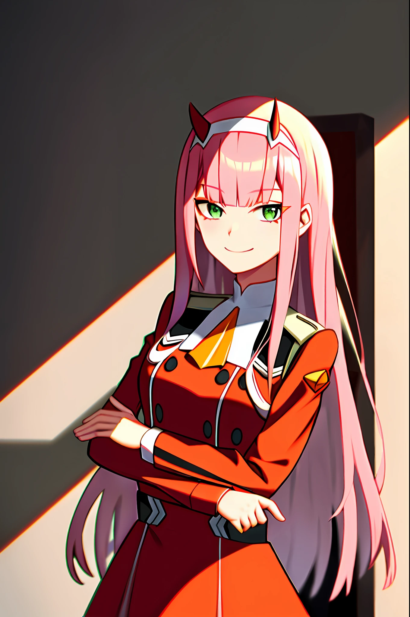 zero two \(darling in the franxx\), darling in the franxx, 1girl, ascot, bangs, simple background, indoor, green eyes, hairband, horns, long hair, long sleeves, looking at viewer, red jacket, closed jacket, military uniform, oni horns, orange ascot, pink hair, red horns, smile, solo, standing, uniform, white hairband, ((masterpiece)),