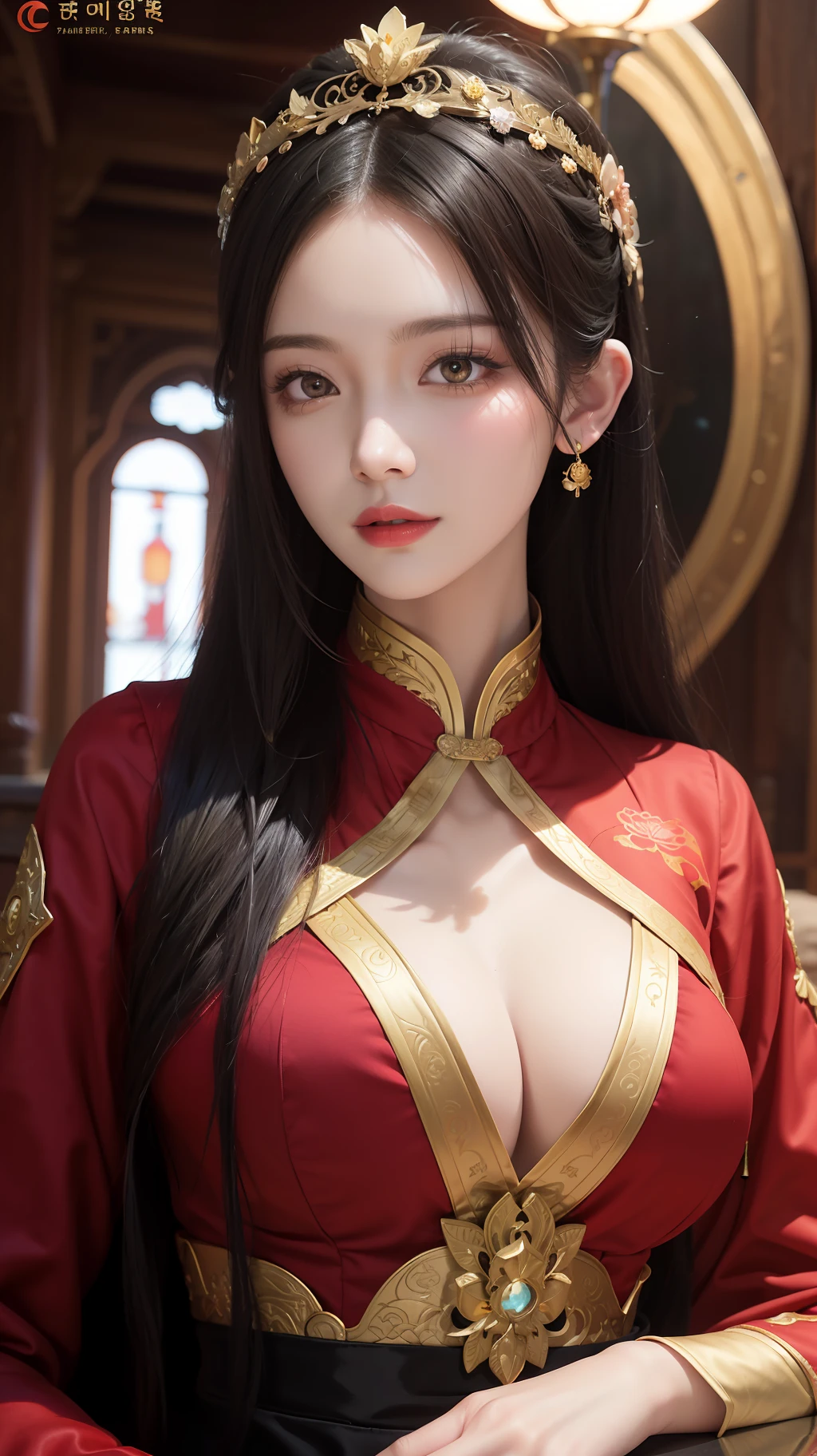 1 Beautiful fairy woman, In the Dark: 1.6), surreal female portrait by David Hockney and Alphonse Mucha, fantasy art, korea doll, photorealism, dynamic lighting, artstation, poster, volumetric lighting, very detailed faces, 8k ultra, all body, Awarded, in the dark, deep shadow, low key, cowboy lens, (Red phoenix dress: 1.4), long hair, black hair, bust, luxurious palace, Royal style,fairy woman crown, Big round black eyes, style Royal, The most beautiful face, big and regular breasts, Super realistic, chinese women's clothing, polo neck sweater, Charming smile, The eyes are very well made up, Drawing of a lotus flower in the middle of a girl, guweiz, hanfu, guweiz style artwork,loong, 1 hanfu style fantasy woman fairy,