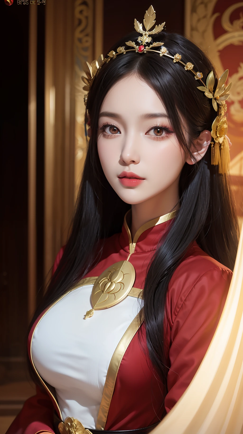 1 Beautiful fairy woman, In the Dark: 1.6), surreal female portrait by David Hockney and Alphonse Mucha, fantasy art, korea doll, photorealism, dynamic lighting, artstation, poster, volumetric lighting, very detailed faces, 8k ultra, all body, Awarded, in the dark, deep shadow, low key, cowboy lens, (Red phoenix dress: 1.4), long hair, black hair, bust, luxurious palace, Royal style,fairy woman crown, Big round black eyes, style Royal, The most beautiful face, big and regular breasts, Super realistic, chinese women's clothing, polo neck sweater, Charming smile, The eyes are very well made up, Drawing of a lotus flower in the middle of a girl, guweiz, hanfu, guweiz style artwork,loong, 1 hanfu style fantasy woman fairy,