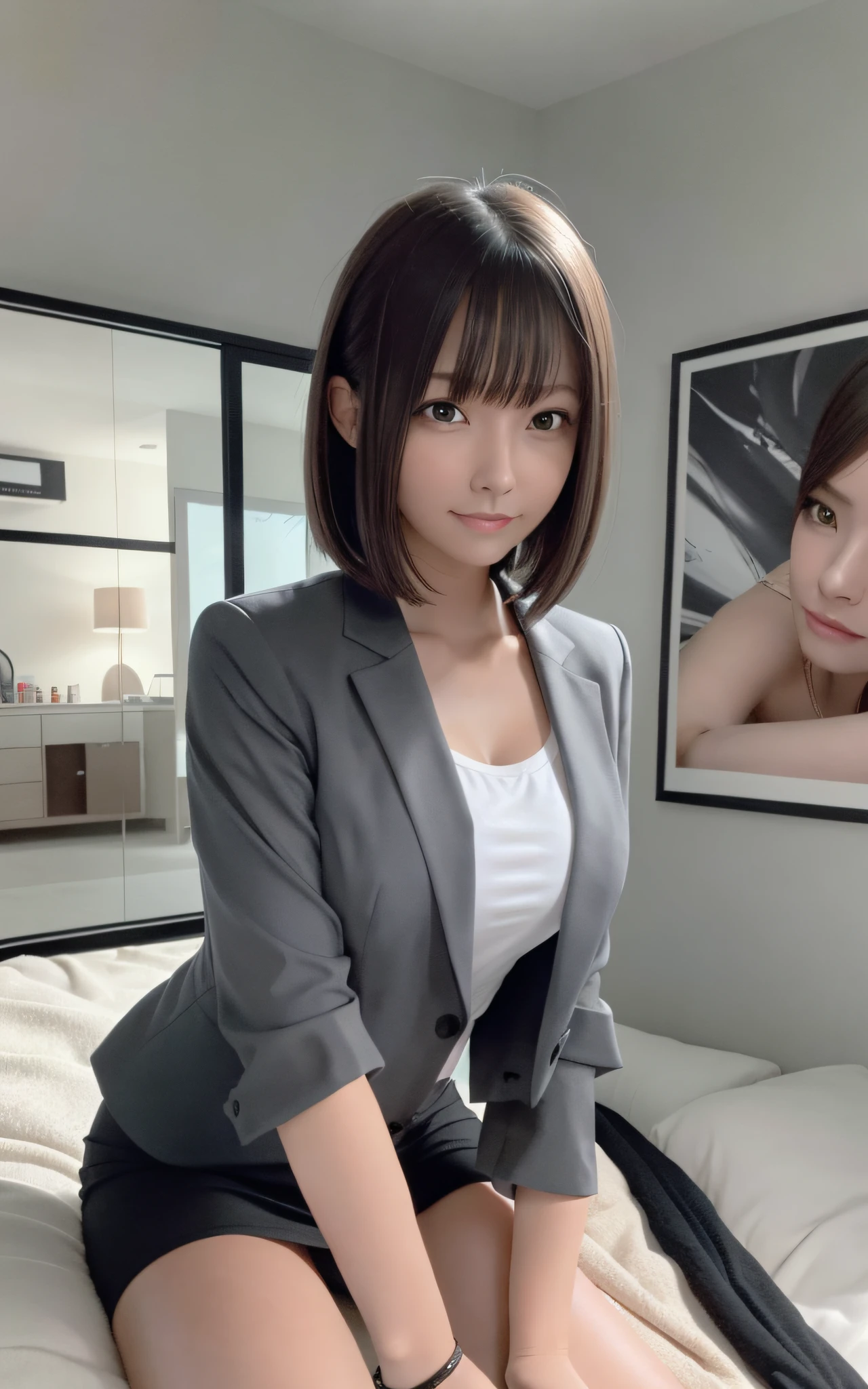 (8K, Best Quality, Masterpiece: 1.2), (Realistic, Photorealistic: 1.2), Cute, Solo, Beautiful Definition Sky, Night, Wet, Watching Viewer, (Sit: 1.5), Date, Future,
(Nose Brush), (Smile: 1.15), Big Breasts, Fine Beautiful Eyes,), (Dark Blonde: 1), (Short Hair: 1.1), Floating Hair NovaFrog Style,
Gray blazer, button T-shirt, black mini skirt, makeup, (8k, RAW photo: 1.2),
