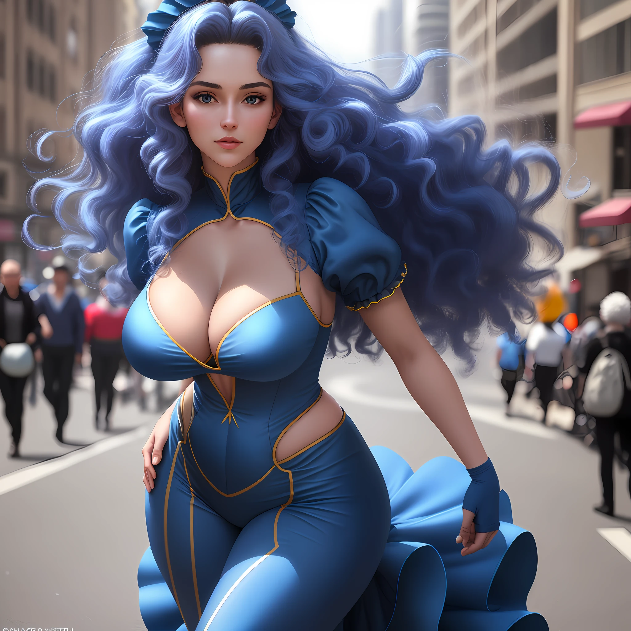 Ultra realistic image, 16K, hyper realistic, very beautiful woman ultra realistic, raw, very thin high waist, big breasts, wide hip, perfect shapely ass, fluffy curly hair with a lot of volume blue color with gatubela costume, fitted, standing on a street in a big city, facing the camera, not so far from the camera.