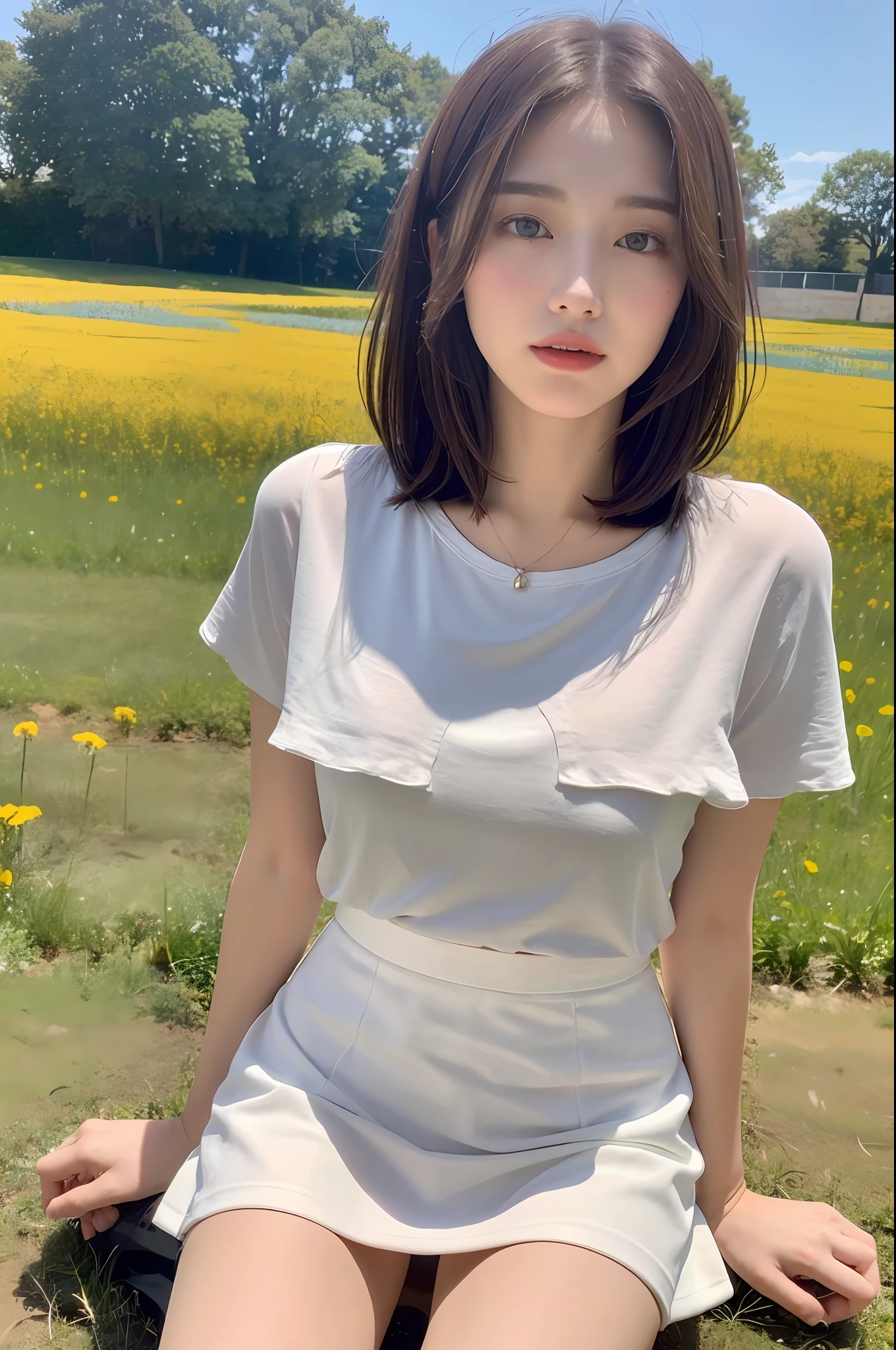 ((Best Quality, 8K, Masterpiece: 1.3)), Focus: 1.2, (Cinema Filter: 1.3), ((Layered Haircut: 1.2)), , (In the Flower Field: 1.3), Realistic Face and Skin Texture, Full Body, Detailed Eyes, Double Eyelids, Long Hair, (Round Face: 1.5), (Short White Skirt: 1.6) Show Legs