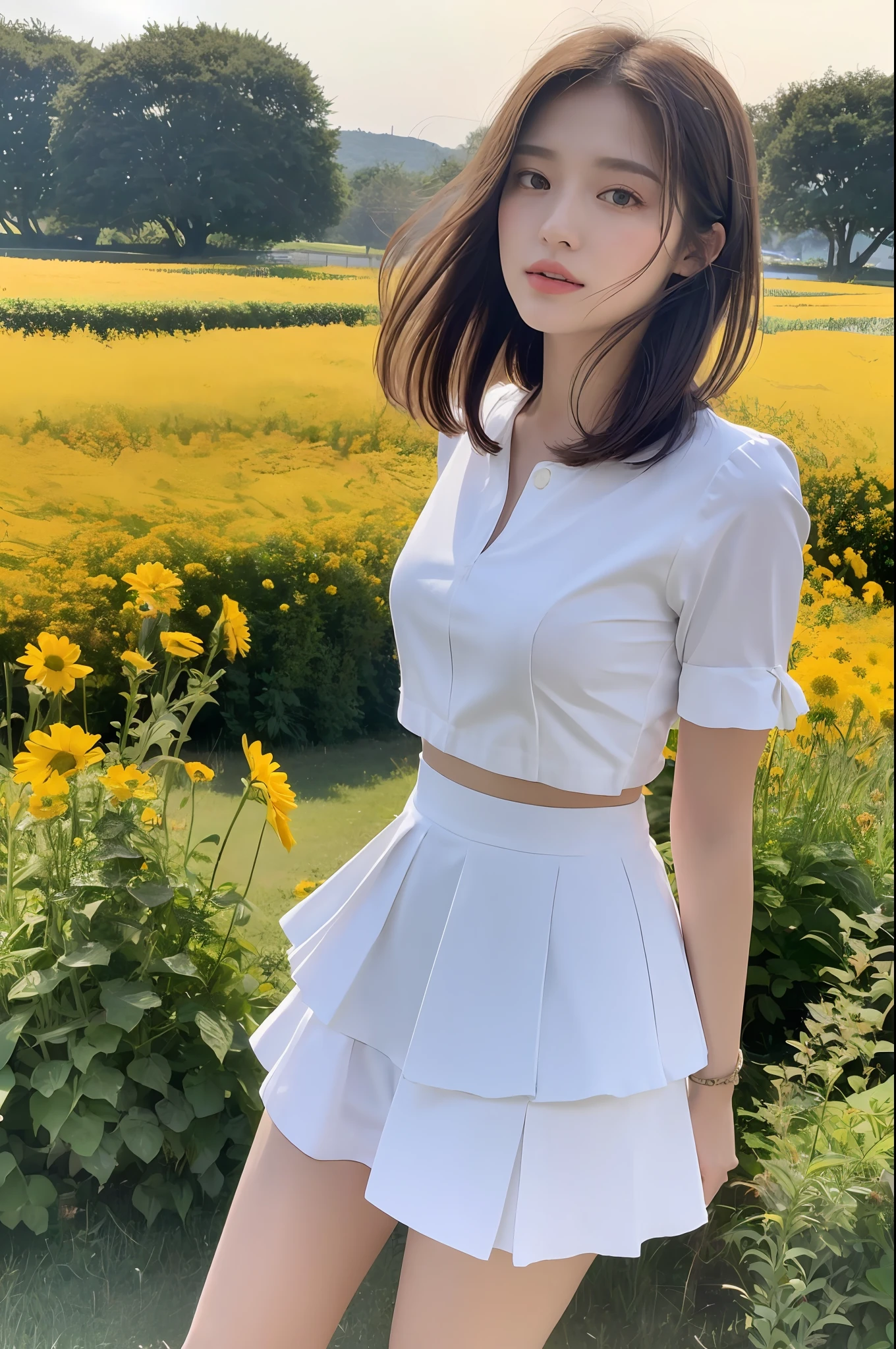 ((Best Quality, 8K, Masterpiece: 1.3)), Focus: 1.2, (Cinema Filter: 1.3), ((Layered Haircut: 1.2)), , (In the Flower Field: 1.3), Realistic Face and Skin Texture, Full Body, Detailed Eyes, Double Eyelids, Long Hair, (Round Face: 1.5), (Short White Skirt: 1.6) Show Legs