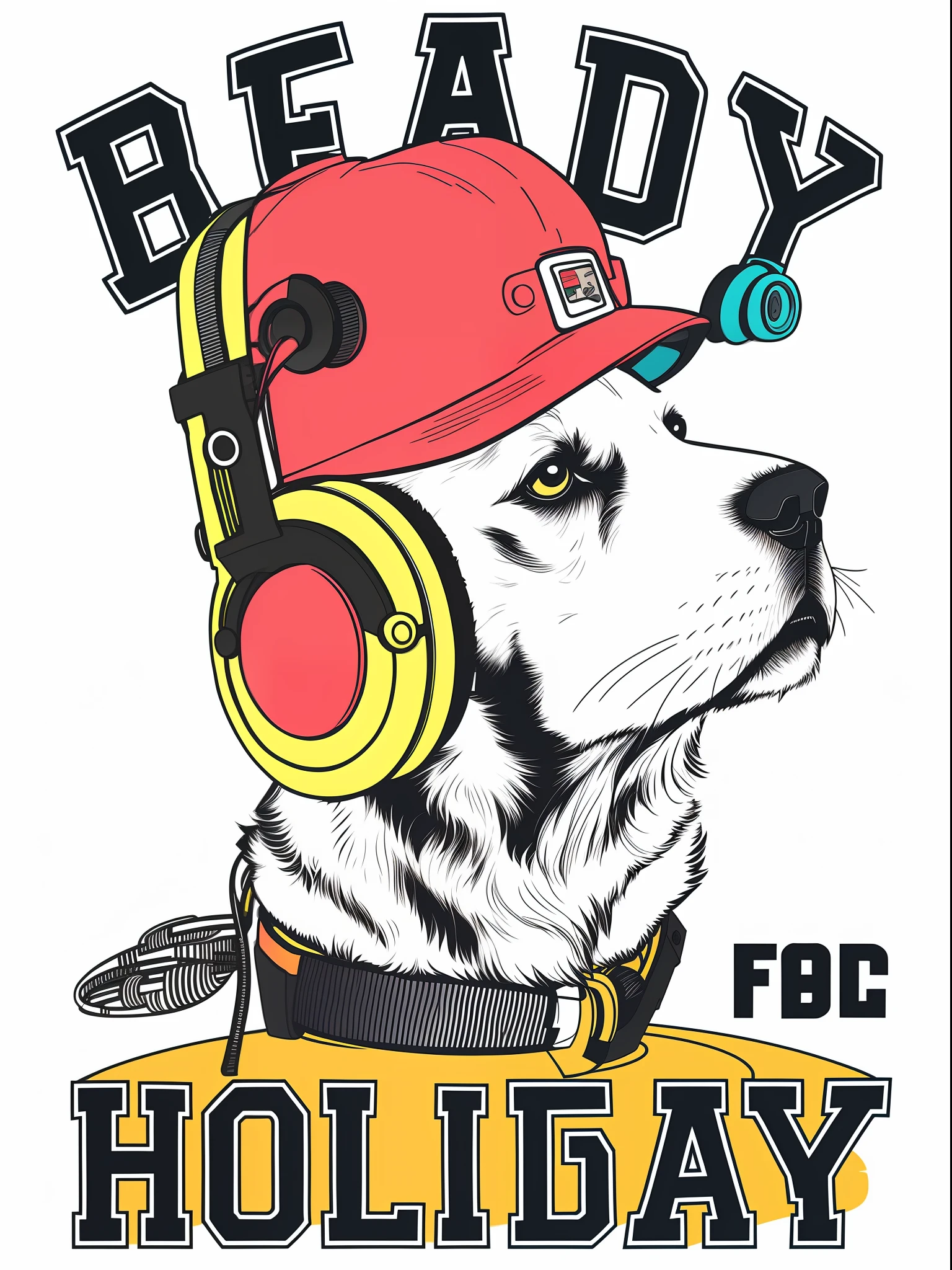 arafed dog wearing a hat with headphones and a pair of headphones, ready, ready - made, ready-made, readymade, holiday vibe, print ready, game ready, pop punk art style, official artwork, b, derg, by Brian Snøddy, battle ready, trend on behance illustration, by Adam Marczyński