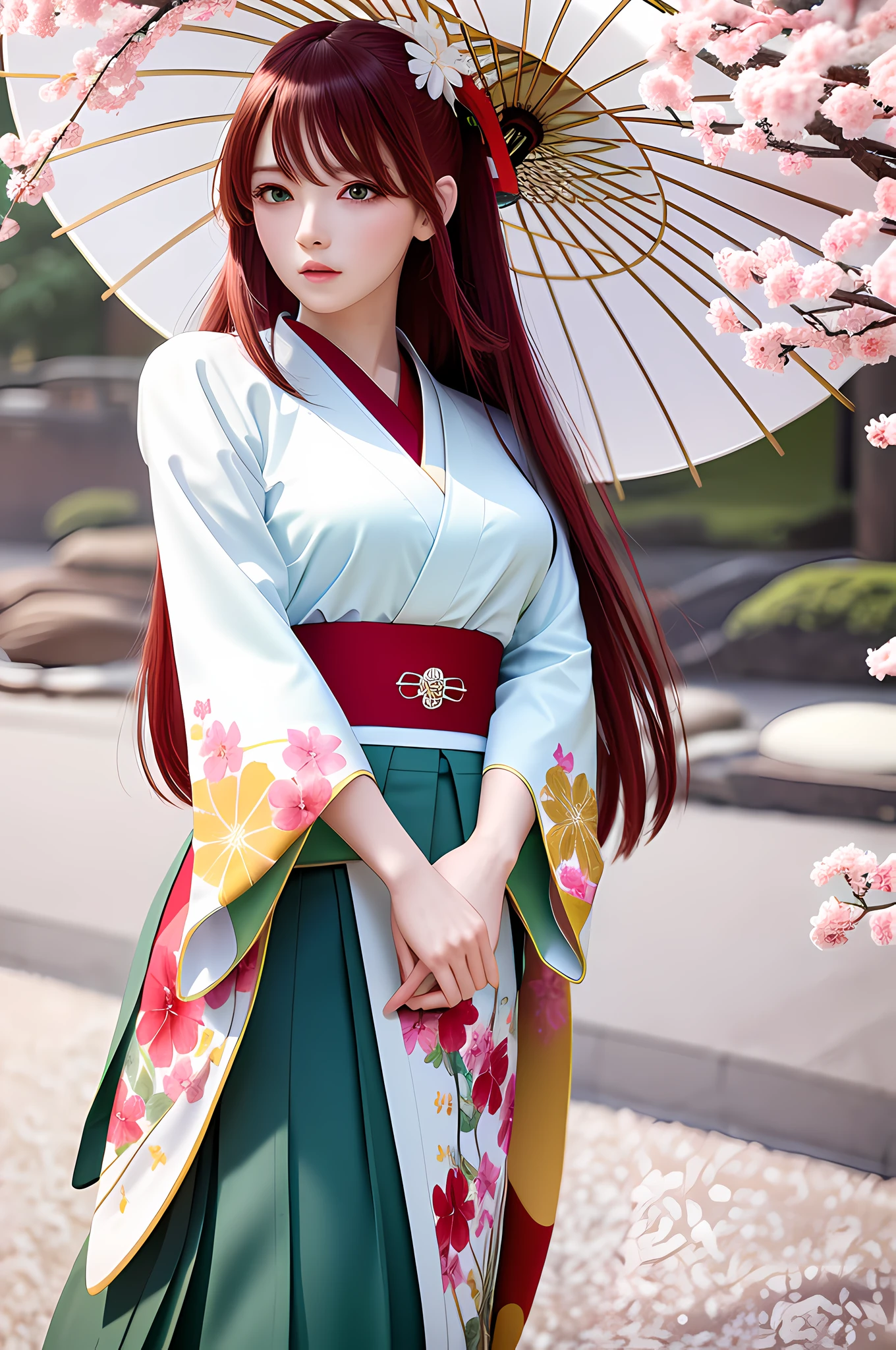 (( masterpiece, detailed, high quality, )), natural lighting, a young woman, (green eyes:1.2), long hair, red hair, hair ribbon, (medium breasts:1.2), necklace, sakura falling petals, cherry blossoms background, dynamic pose, dynamic angle, close-up, looking at viewer, (wearing white kimono_clothes:1.3), holding umbrella, japanese garden,