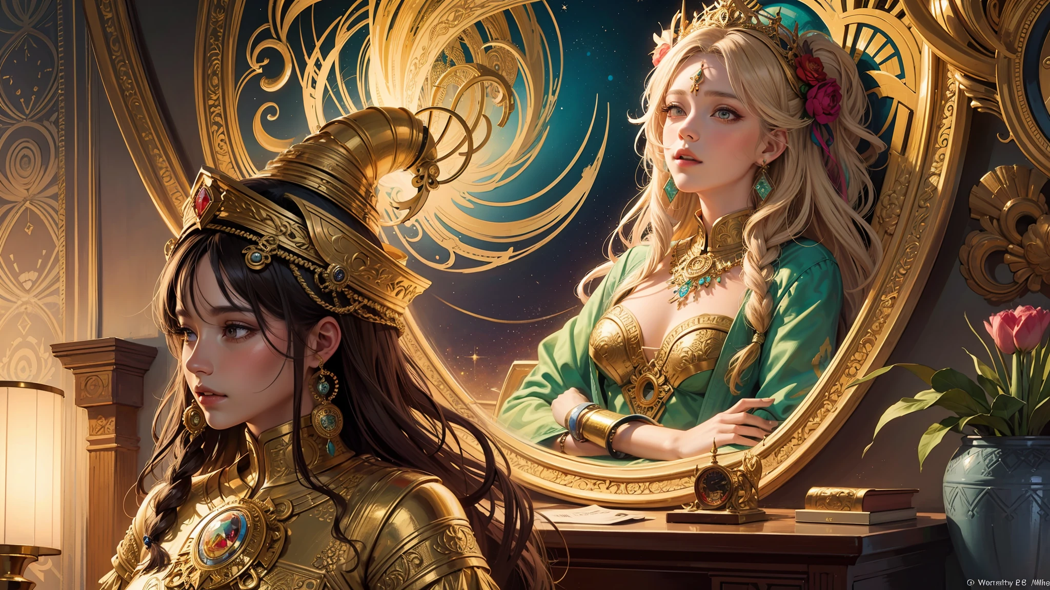 (masterpiece, top quality, best quality, official art, beautiful and aesthetic:1.2), (1girl), extreme detailed,colorful,highest detailed, official art, unity 8k wallpaper, ultra detailed, beautiful and aesthetic, beautiful, masterpiece, best quality, (zentangle, mandala, tangle, entangle) ,holy light,gold foil,gold leaf art,glitter drawing, PerfectNwsjMajic