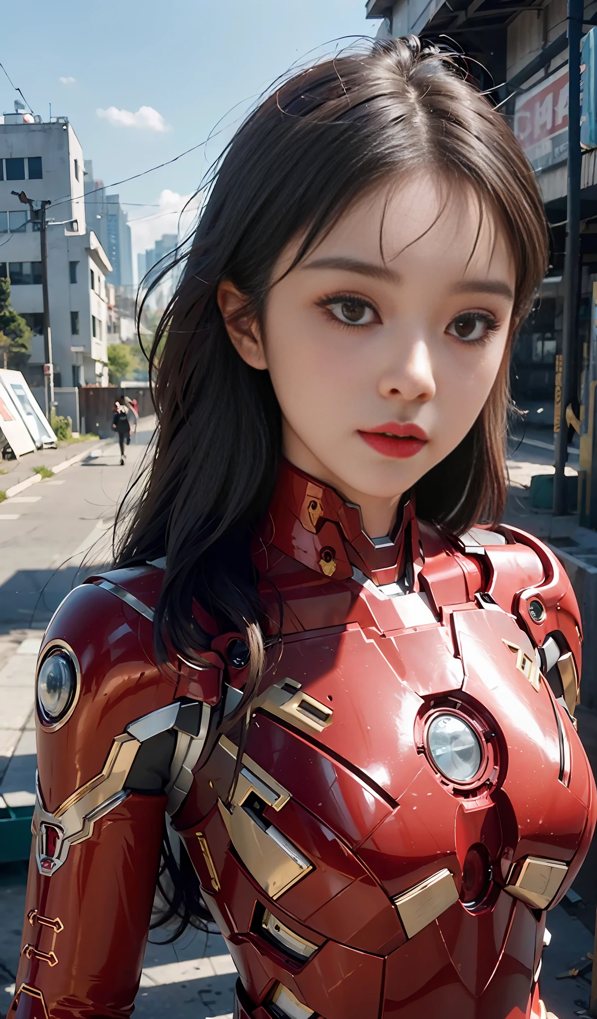 (1girl:1.3), solo, __body-parts__, official art, unified 8k wallpaper, super detailed, beautiful and aesthetic, beautiful, masterpiece, best quality, raw, masterpiece, super fine photo, best quality, super high resolution, photorealistic realism, sunlight, full body portrait, amazing beauty, dynamic pose, (facing the audience), delicate face, vibrant eyes, , a woman, (wearing a futuristic red-gold Iron Man mech), Very detailed abandoned warehouse background, detailed face, gorgeous, milky white, sharp focus, DSLR, high quality, film grain, fair skin, photo realism, lomography, huge metropolis in future dystopia,