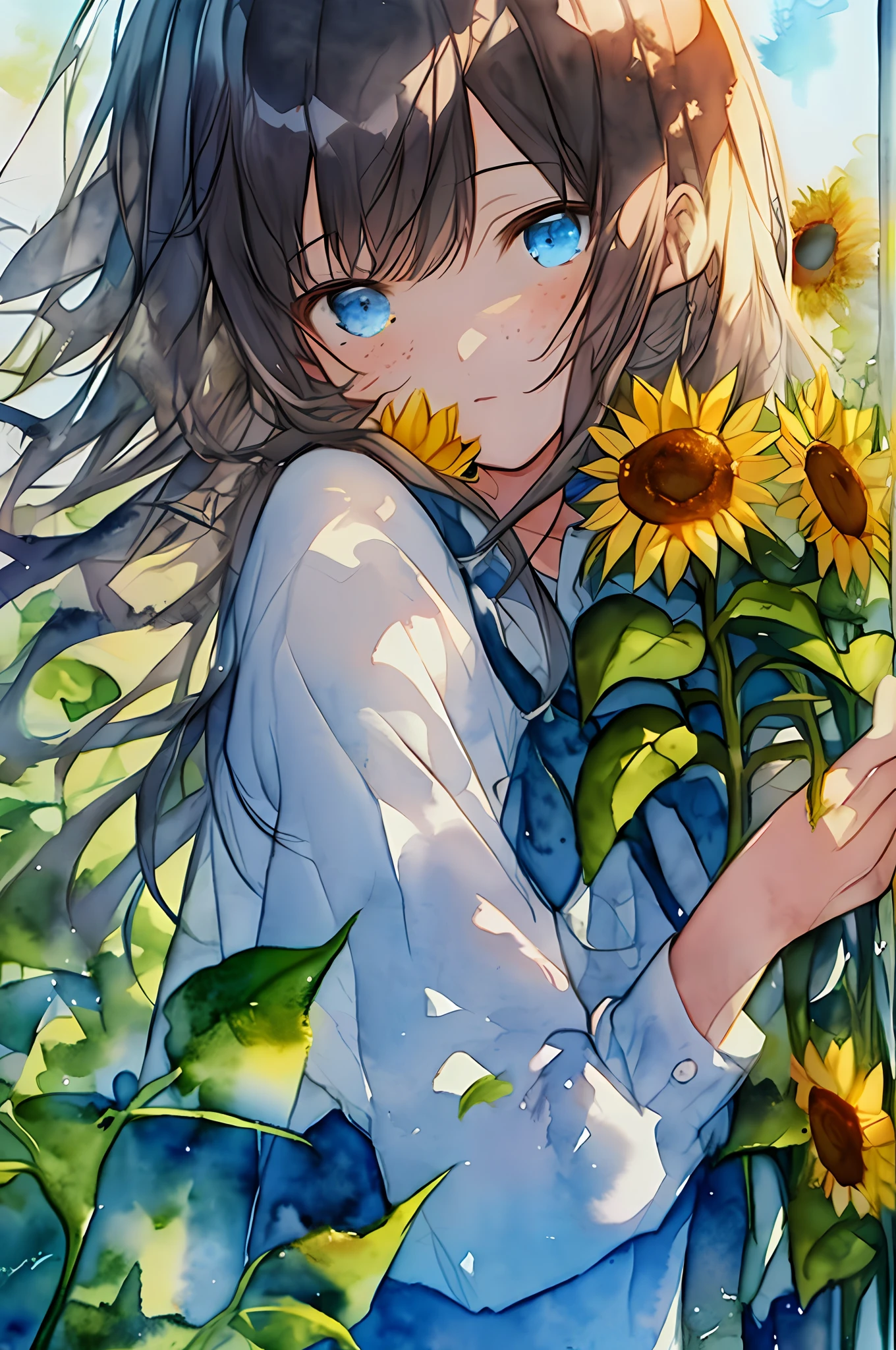 (watercolor:1.2),sharp focus:1.2,highest quality Len's,long hair,bang,1girl, solo, flower, sunflower,freckles, portrait, leaf, bangs, signature,blue eyes, surrounded by blue flowers,close up shot, beautiful,highest quality digital art, Stunning art, wallpaper 4k,8k,k, HD, unparalleled masterpiece, dynamic lighting, cinematic, epic