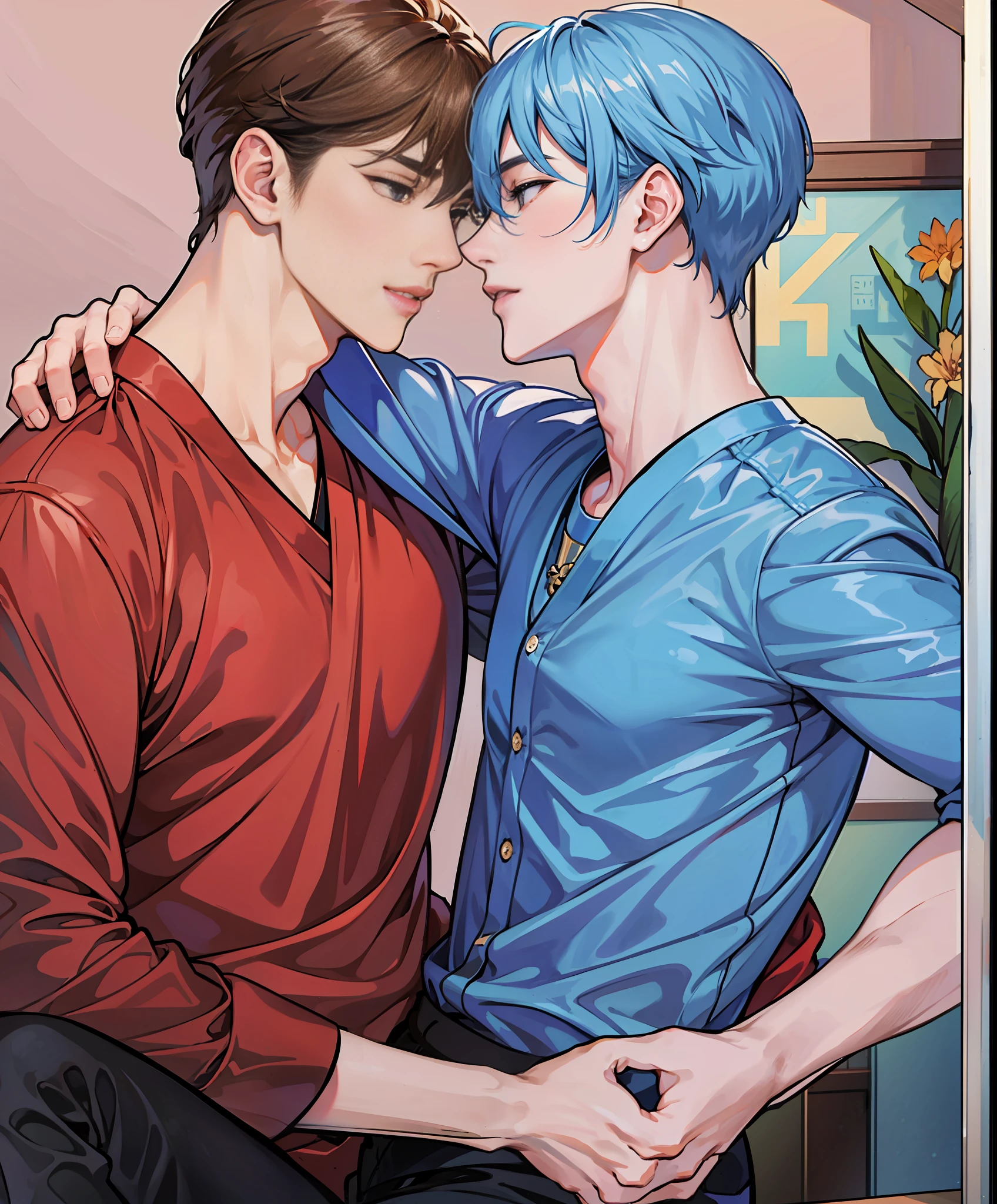 Two beautiful Korean men, hug, 8K