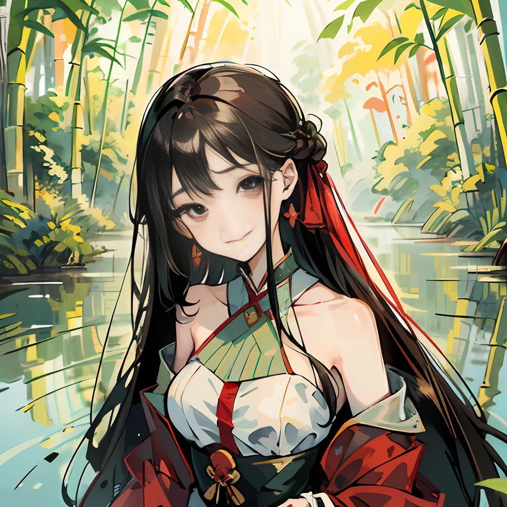 Masterpiece, best quality, official art, 8k wallpaper, very detailed, illustration, 1 girl, dark hair, long hair, delicate eyes, bamboo forest, bare shoulders, lake water, purity, (red face: 1.1), (shy smile: 1.3), embarrassment