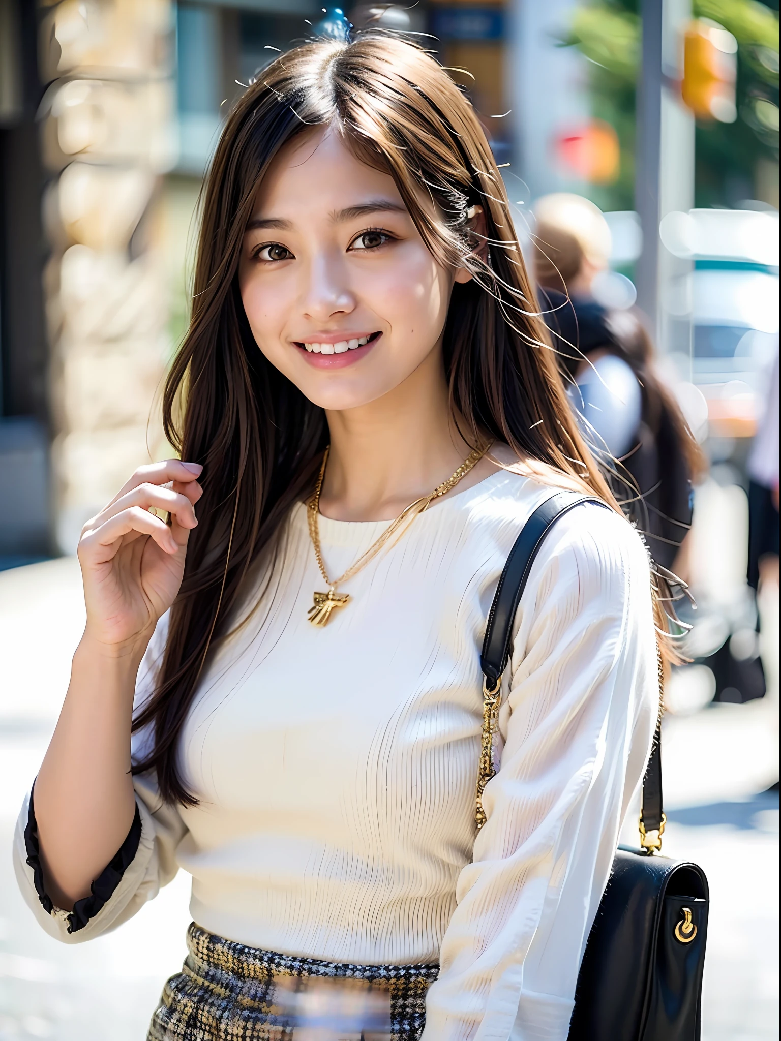 18 year old girl with perfect face and big, café, hands cross in front of body, cute clothes, slim and slender physique. The skin has detailed and highly detailed eyes (1.1 emphasis), very detailed skin texture (1.1 emphasis). Slender necklace, model photo style, photorealistic, skin texture is real human skin texture, detailed skin pores, complex details, eyes are very detailed, tight skirt with black pattern: 1.5, fluffy cream shirt with sleeves: 1.2, beige bag, street, smiling, viewer's gaze, waist up, with hair
