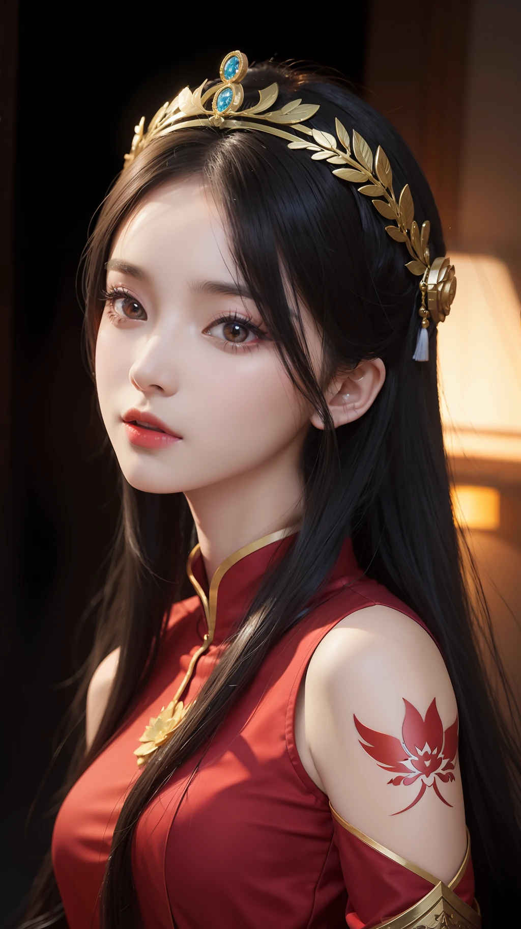 1 Beautiful fairy woman, In the Dark: 1.6), surreal female portrait by David Hockney and Alphonse Mucha, fantasy art, korea doll, photorealism, dynamic lighting, artstation, poster, volumetric lighting, very detailed faces, 8k ultra, all body, Awarded, in the dark, deep shadow, low key, cowboy lens, (Red phoenix dress: 1.4), long hair, black hair, bust, luxurious palace, Royal style,fairy woman crown, Big round black eyes, style Royal, The most beautiful face, big and regular breasts, Super realistic, chinese women's clothing, polo neck sweater, Charming smile, The eyes are very well made up, guweiz, hanfu, guweiz style artwork,loong, 1 hanfu style fantasy woman fairy, There is a tattoo of a small lotus flower in the middle,