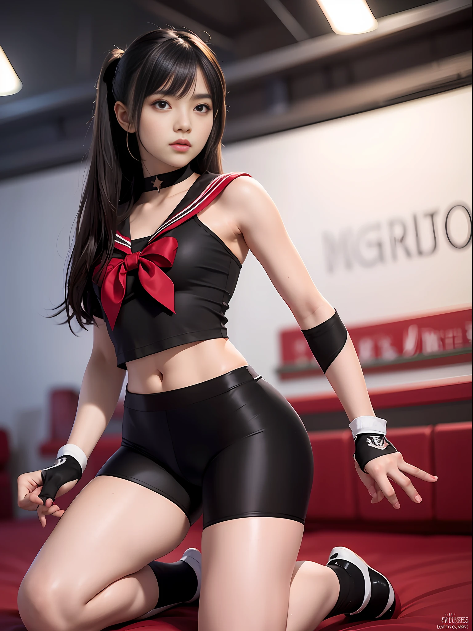 masterpiece, masterpiece, best quality, best quality, real, unity, 8k wallpaper, official art, highly detailed cg unity 8k wallpaper, ulzzang-6500, (original: 1.2), (real: 1.4), mix4, (8k, RAW photo, best quality, masterpiece: 1.27), ((Black spandex shorts that Thigh Length: 1.37)), red ninja suit , Ninja, Skirt, Shorts Under Skirt, lively girl, (Realistic, Photorealistic: 1.37), Photon Mapping, Radiosity, One Girl, Mature, Cool, Professional Lighting, Physically Based Rendering, Whole Side View, Kneeling Posture, Hair Fluttering in the Wind, Blurring Background, Handsome, Masterpiece, Best Quality, High Resolution, Top quality photos, high resolution, 1080p, (delicate skin), (clear face), (detailed facial description), (detailed hand description), (masterpiece), (elaborate CG), (detailed facial features), (highest quality photo), (masterpiece), (detailed eyes),((Black spandex shorts that Thigh Length:1.37)), simple costume, Sailor Senshi uniform, white gloves , red sailor collar, red skirt, star choker, elbow gloves, pleated skirt,