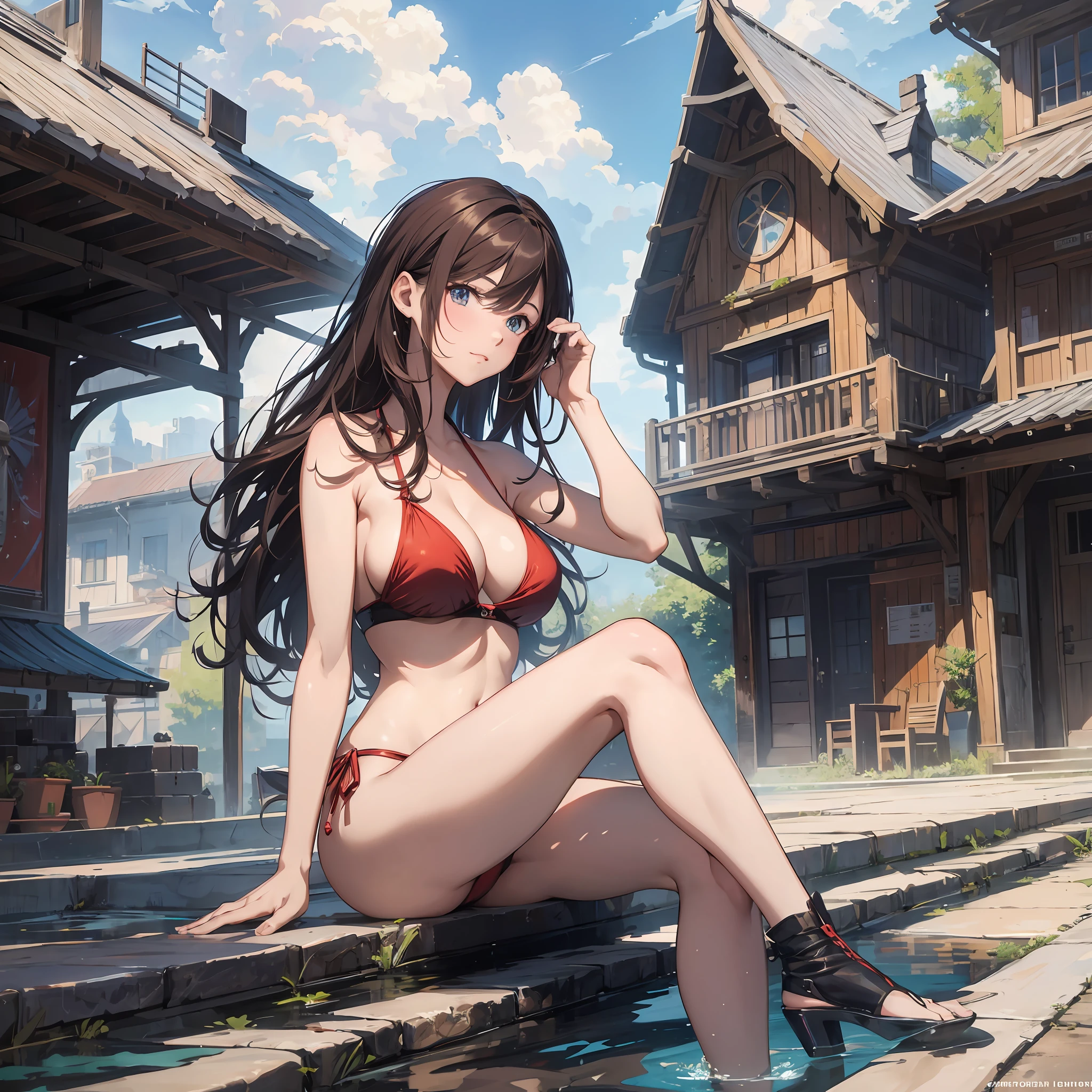 16K, HDR, ray tracing, RTX, ultra realistic, highres, best quality, masterpiece, full body image, (perfect anatomy ), a beautiful mature milf posing for a photograph, wearing a sexy red bikini, long brown hair, bangs, happy chuckle, blue eyes, sexy body, looking at the camera, day time, blue sky, clouds, spaceship, anime style, outdoors, trending on artstation, WLOP, sakimichan, award wining, great composition, perfect, great lighting