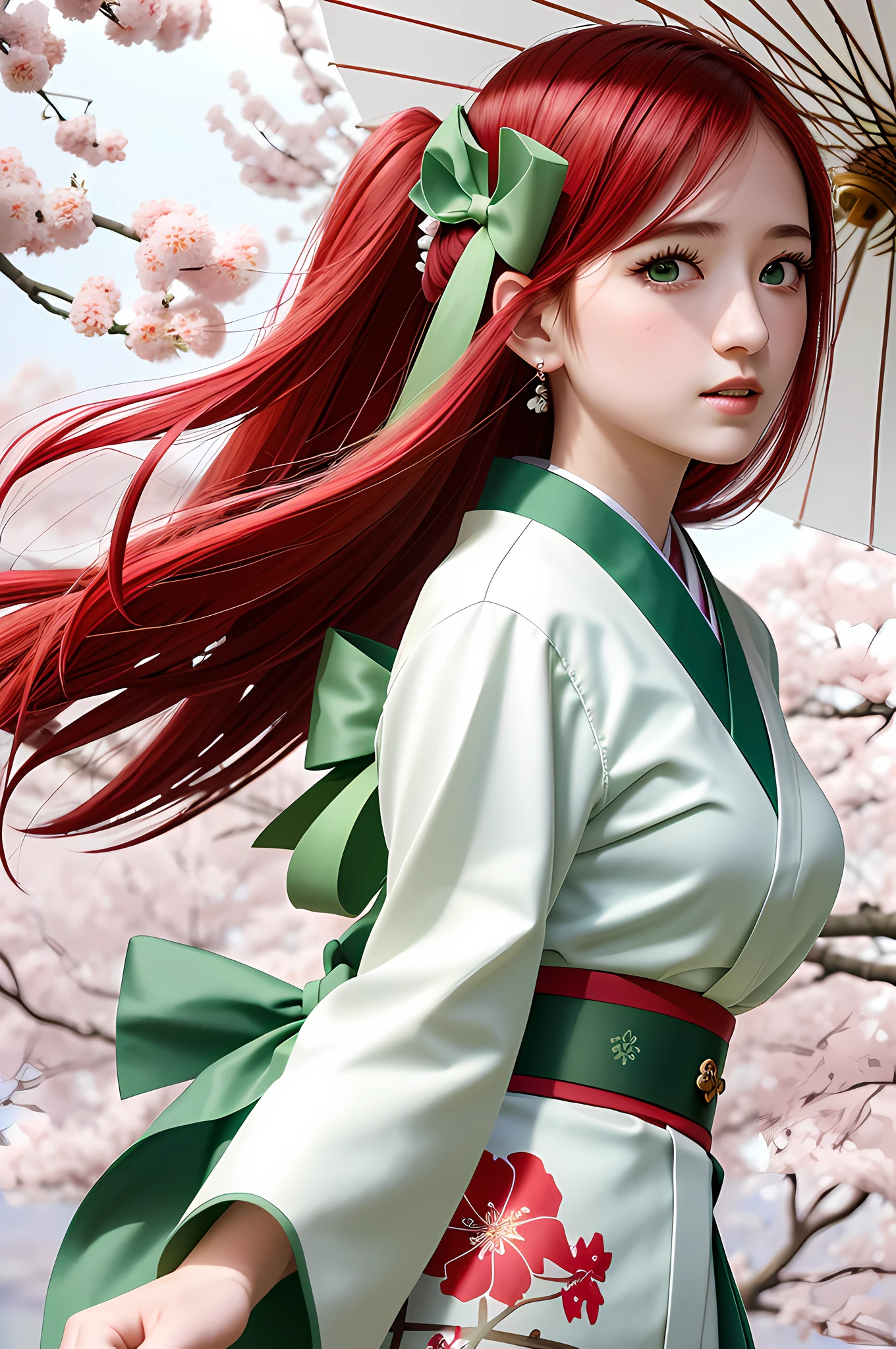 (( masterpiece, detailed, high quality, )), natural lighting, a young woman, (green eyes:1.2), long hair, red hair, hair ribbon, (medium breasts:1.2), necklace, sakura falling petals, cherry blossoms background, dynamic pose, dynamic angle, close-up, looking at viewer, (wearing white kimono_clothes:1.3), holding umbrella, japanese garden,