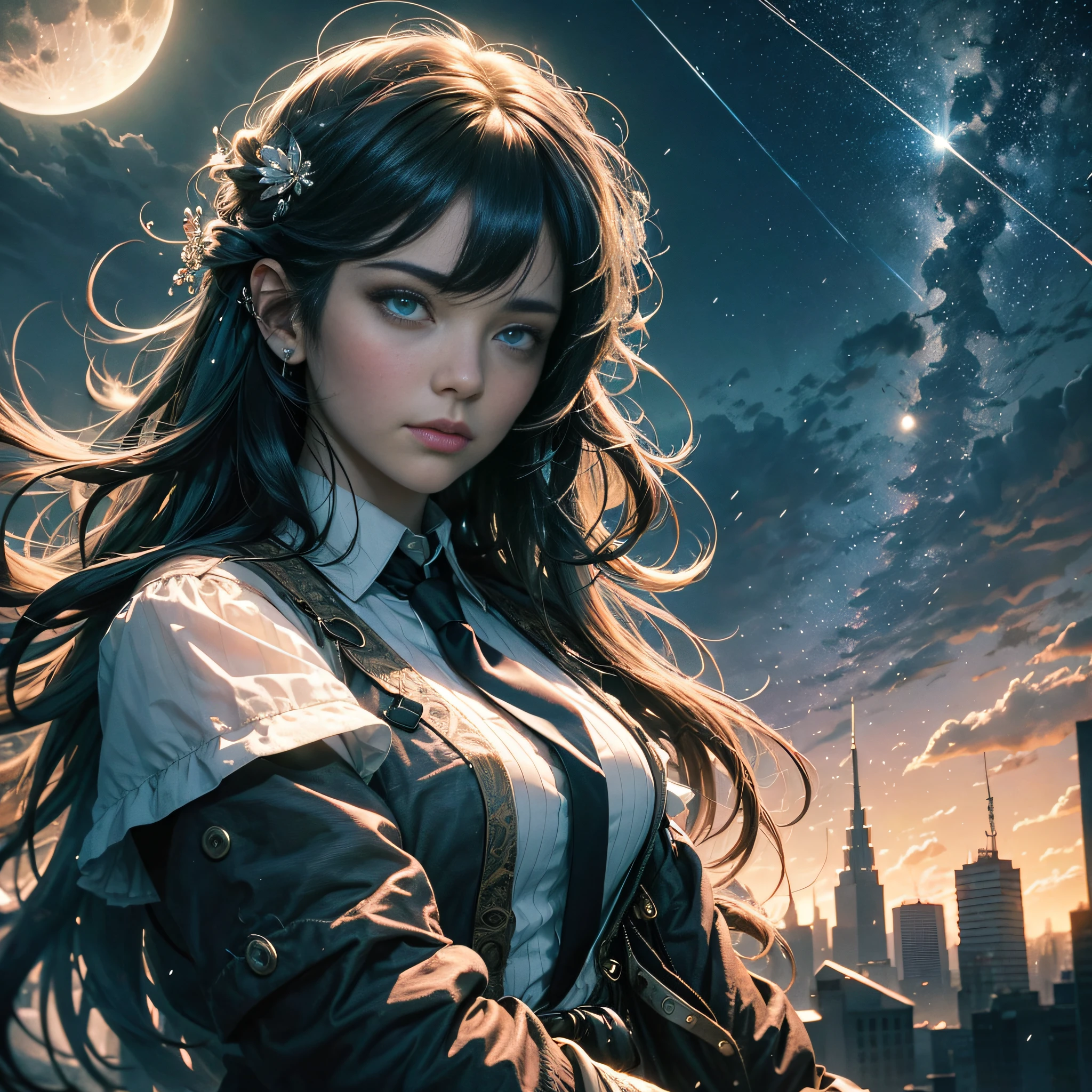 1 girl, casual clothes, princess, tie, gloves, outdoors, sky, full moon, rain, black hair, blue eyes, standing, night sky, sideways, reflection, long hair, cloudy sky, {{(artwork teacher) , (extremely detailed CG unity 8k wallpaper), best quality, solo, 1 girl, cinematic lighting, detailed background, beautiful detailed eyes, bright pupils (extremely delicate and beautiful), (beautiful and detailed description of the eye) , ultra detailed, masterpiece,}},