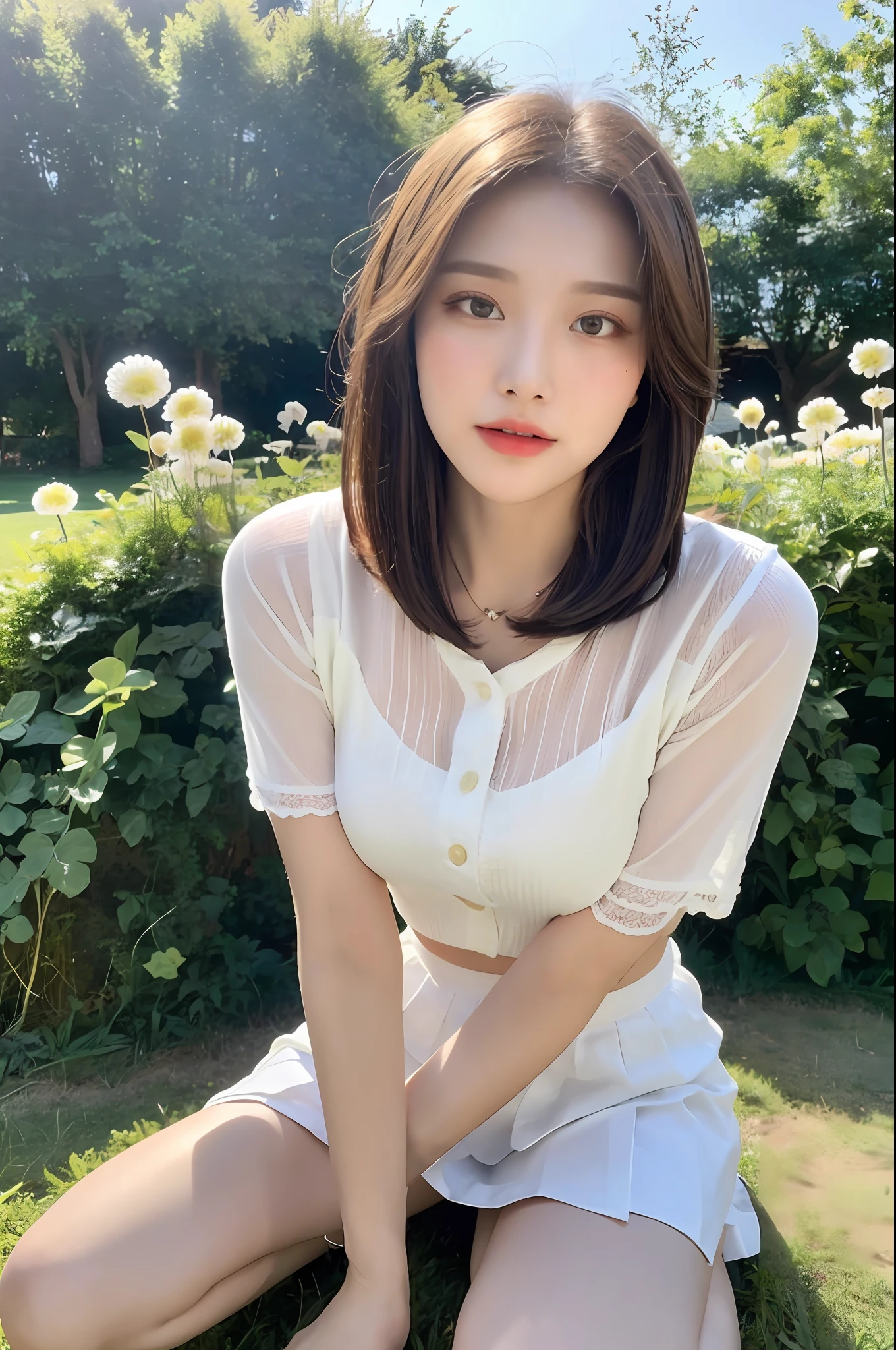 ((Best Quality, 8K, Masterpiece: 1.3)), Focus: 1.2, (Cinema Filter: 1.3), ((Layered Haircut: 1.2)), , (In the Flower Field: 1.3), Realistic Face and Skin Texture, Full Body, Detailed Eyes, Double Eyelids, Long Hair, (Round Face: 1.5), (Short White Skirt: 1.6), Show Legs, Sit on Lawn