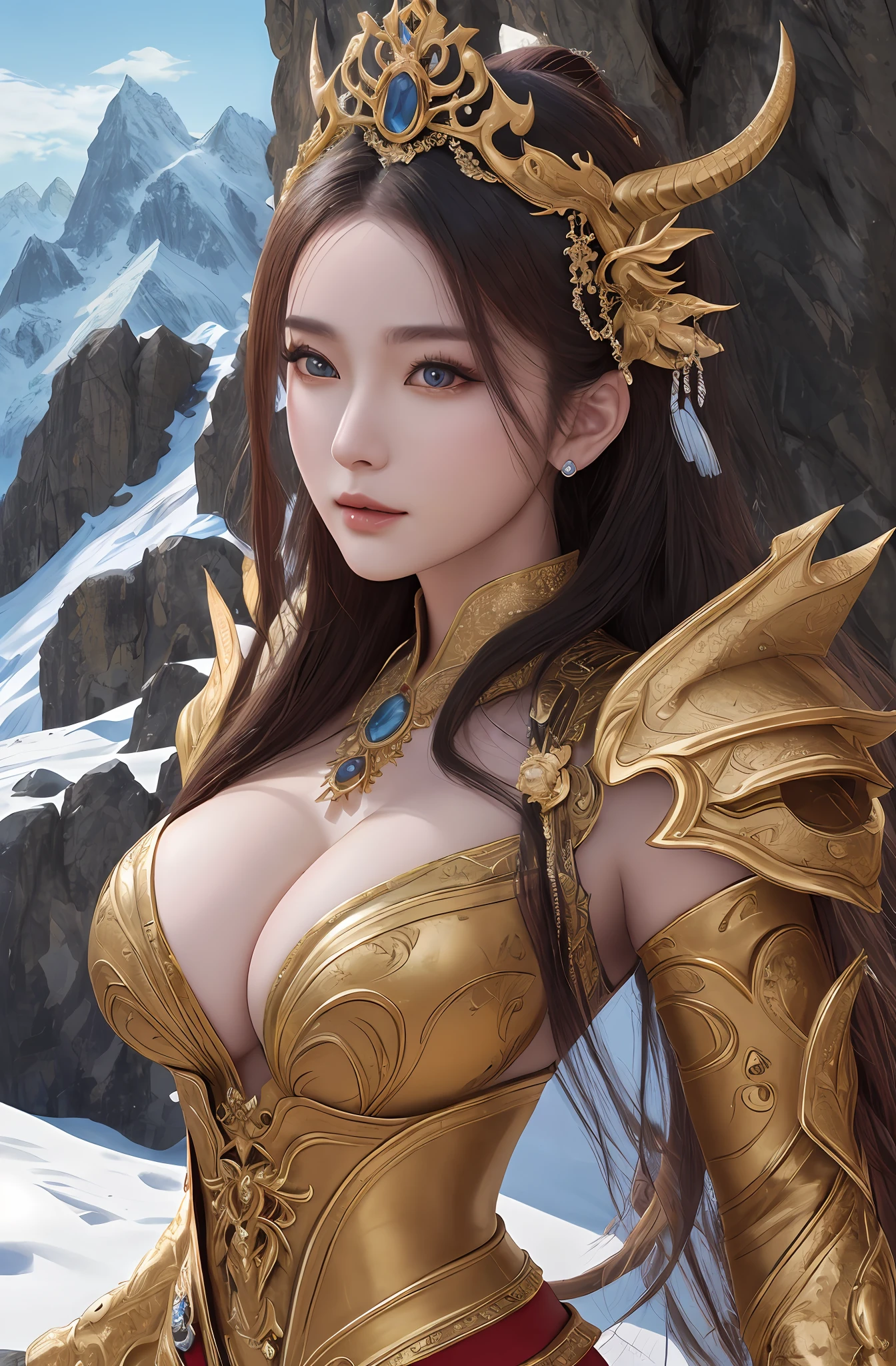 (16k, masterpiece, best quality), ultra-detailed, detailed beautiful round eyes, beautifully detailed face, high quality, high resolution, the dragon queen with her dragons, dragon outfit, ice dragon, goddess, perfect face, perfect body, big breast, ((daytime)), mature women, outdoor, mountain background, looking into the distance