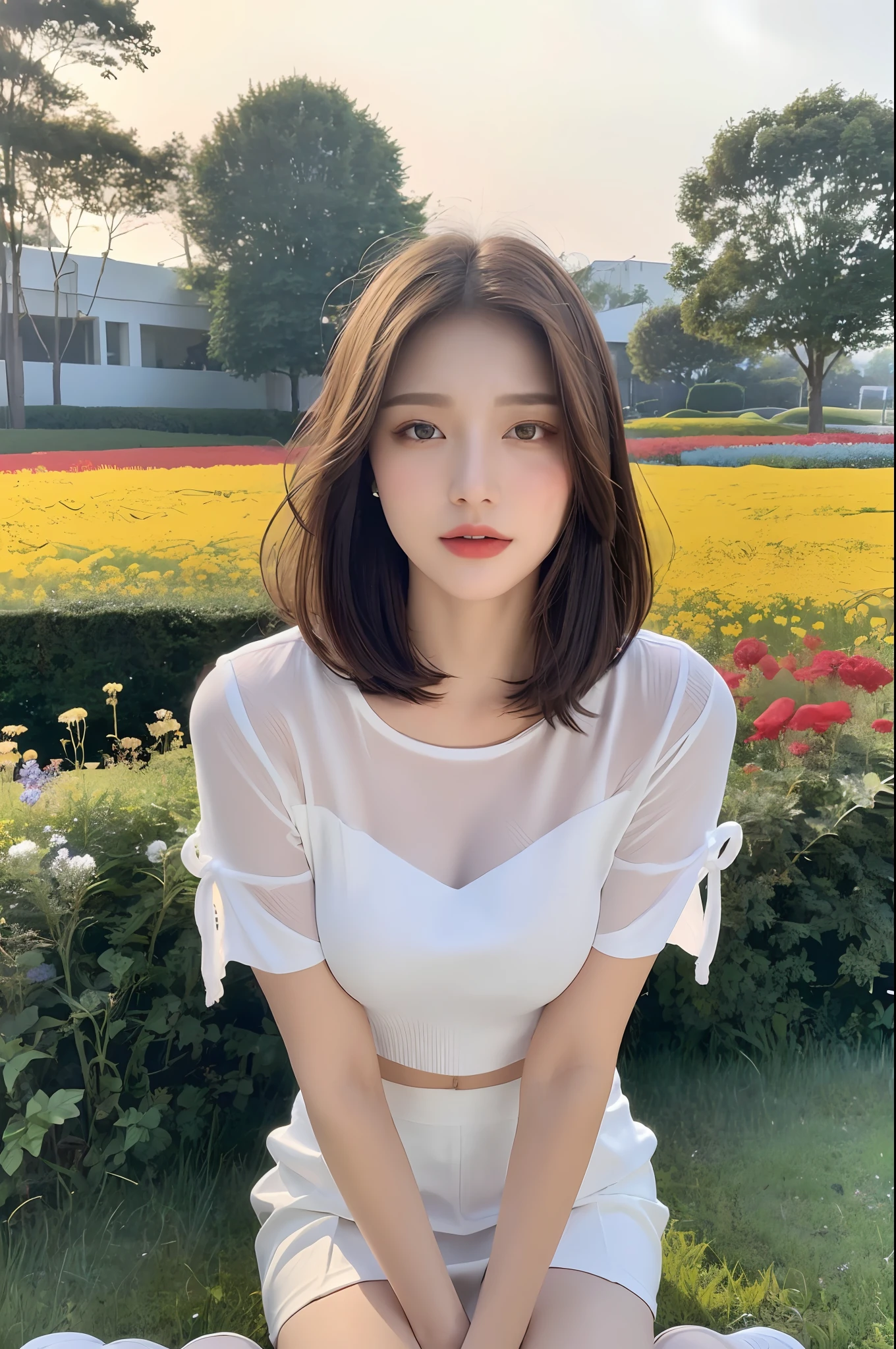 ((Best Quality, 8K, Masterpiece: 1.3)), Focus: 1.2, (Cinema Filter: 1.3), ((Layered Haircut: 1.2)), , (In the Flower Field: 1.3), Realistic Face and Skin Texture, Full Body, Detailed Eyes, Double Eyelids, Long Hair, (Round Face: 1.5), (Short White Skirt: 1.6), Show Legs, Sit on Lawn