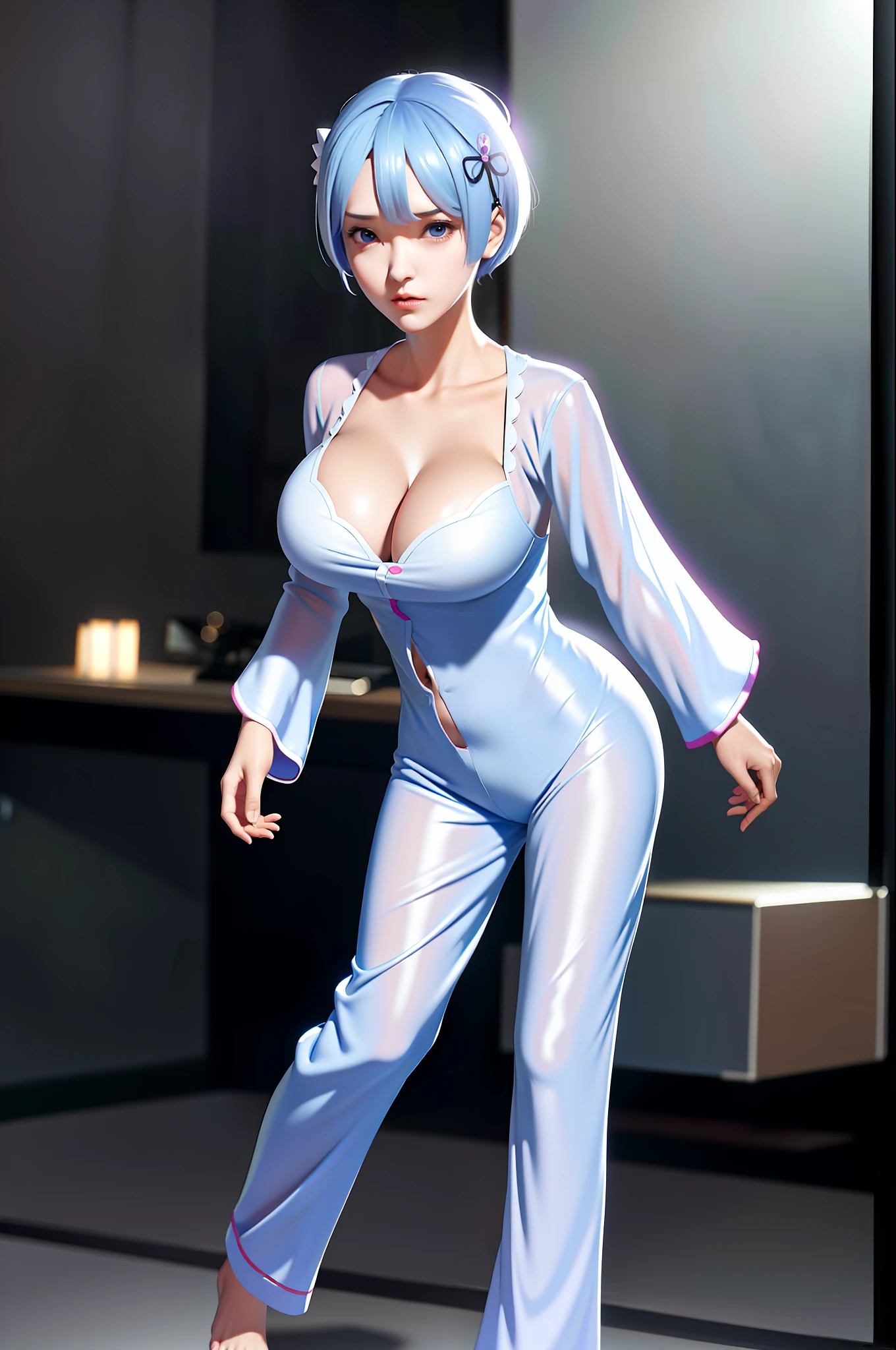 Rem character from the anime Re:Zero, perfect roto, perfect body, wearing pajamas, transparent pajamas, cleavage, breasts almost bouncing out, cinematic lighting, 8k, high quality picture