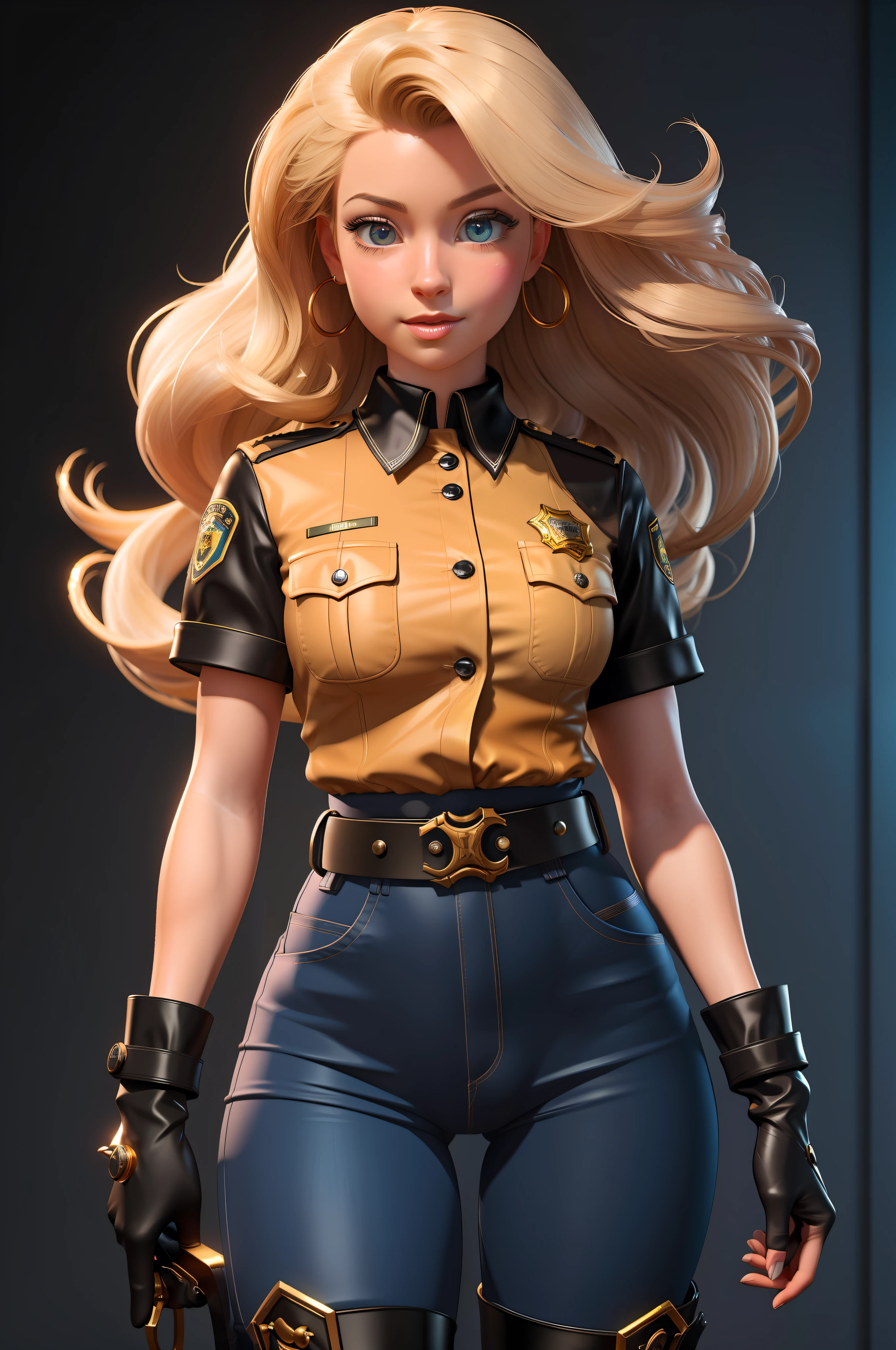 3dmm style,(masterpiece, top quality, best quality,Curly Long hair, realistic, 1girl, best quality, intricate details, looking at viewer, ultra realistic 8k cg, picture perfect face, flawless, clean, masterpiece, professional artwork, famous artwork, film lighting, film Bloom, perfect face, beautiful face, beautiful eyes, ((perfect female body, narrow waist)), blue short sleeve police uniform, fitted design, gold trim, brass buttons, double breasted, high collar , black and gold belt, black leather gloves, police badge, utility belt with pockets, handcuffs, ammo, blue pants, black leather knee boots, gold accents, Un primer plano de una mujer en uniforme con una pistola, Sheriff, 3D render character art 8 K, artista 3D contratado, personaje altamente detallado, 3D character art, IG model | Artgerm, oficial, androide 18, diseño de personajes de alta calidad, diseño de personajes altamente detallado, personaje de primer plano, artista de personajes, diseño de personajes profesional , Gran marcacion de la entrepierna , Biggest Cameltoe mark