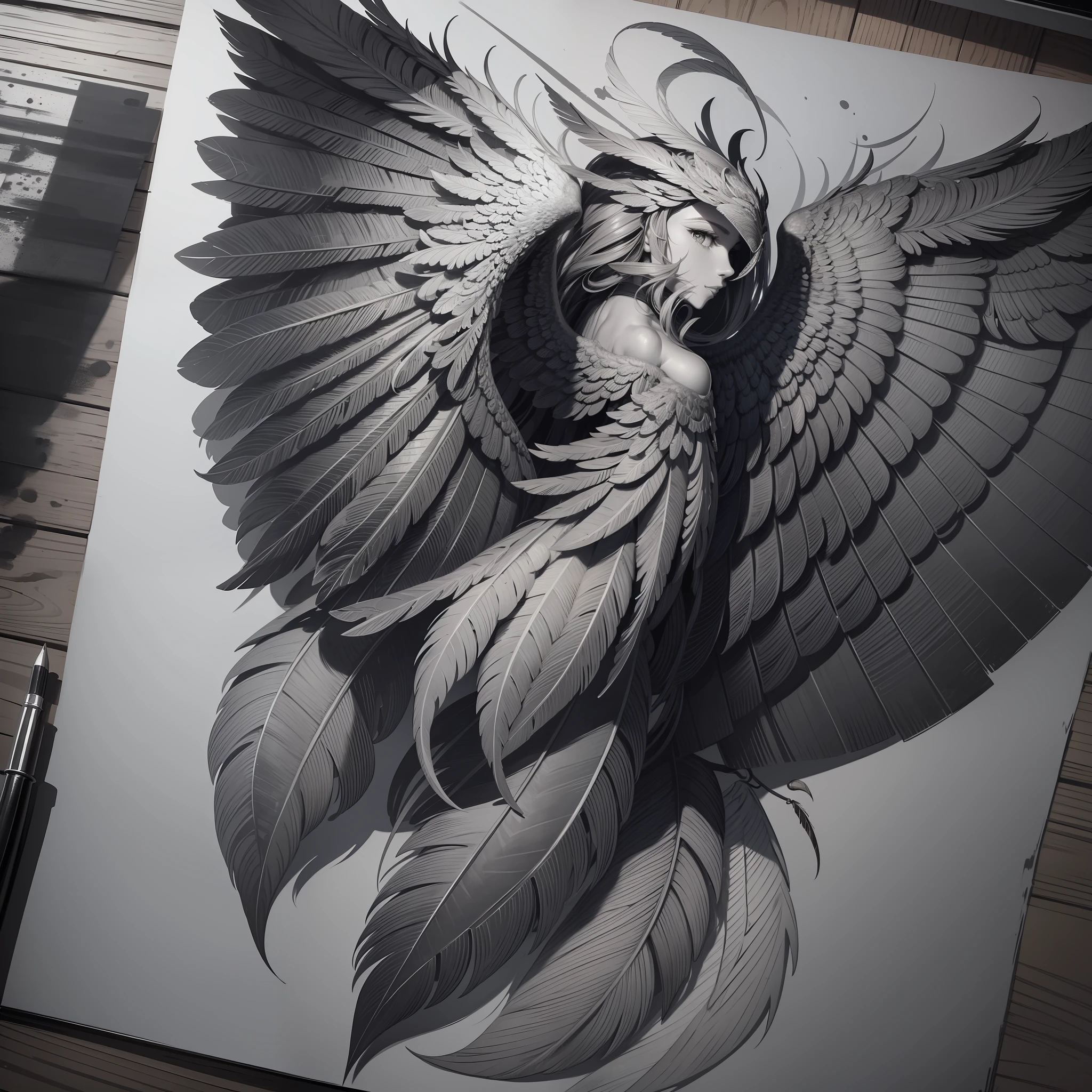 There is a painting, detailed wings, shadow ink illustration, sketch in gray paper ink style, high detail drawing, detailed lines, feather wings, ink drawing, very detailed lines, ink and pencil, monochrome drawing, only wings one subject --auto --s2