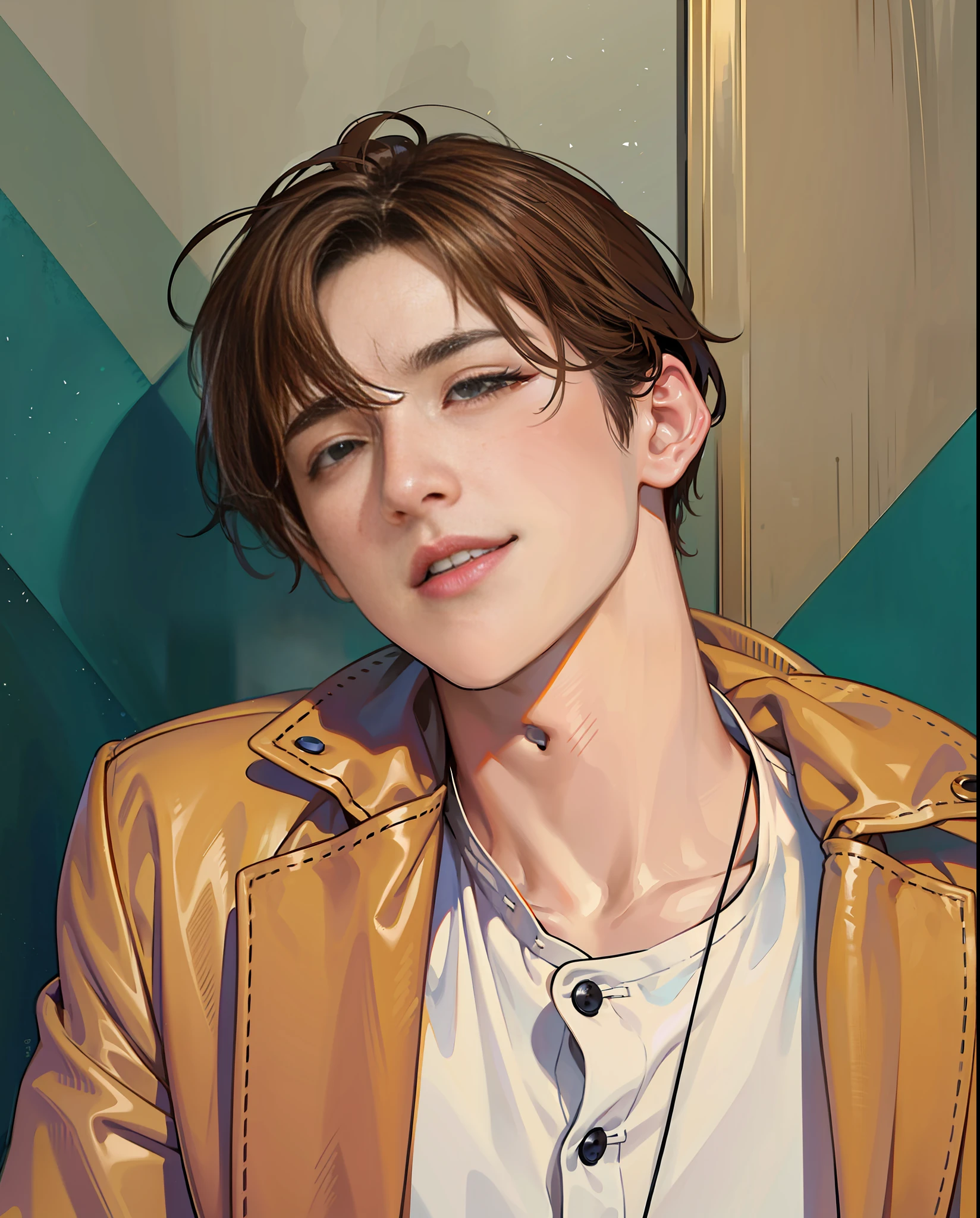 Masterpiece, best quality, (realistic, very detailed), a Korean boy, perfect face, beautiful face, short and light brown hair, sexy