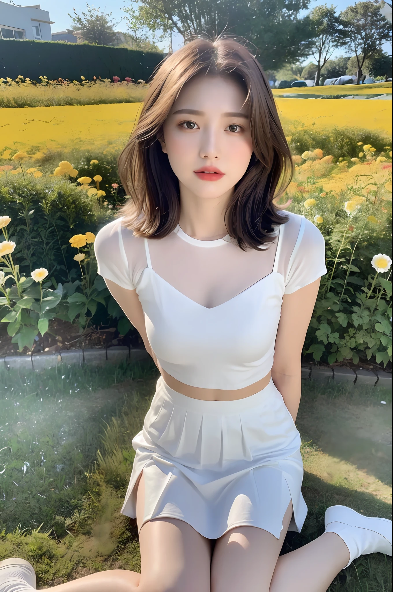 ((Best Quality, 8K, Masterpiece: 1.3)), Focus: 1.2, (Cinema Filter: 1.3), ((Layered Haircut: 1.2)), , (In the Flower Field: 1.3), Realistic Face and Skin Texture, Full Body, Detailed Eyes, Double Eyelids, Long Hair, (Round Face: 1.5), (Short White Skirt: 1.6), Show Legs, Sit on Lawn