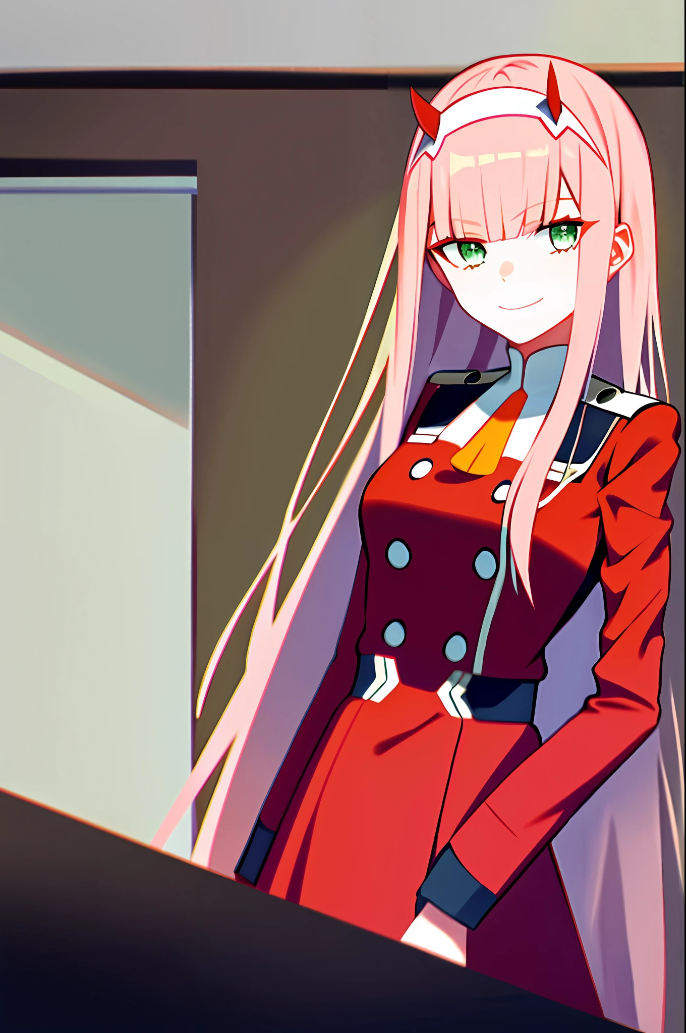 zero two \(darling in the franxx\), darling in the franxx, 1girl, ascot, bangs, simple background, indoor, green eyes, hairband, horns, long hair, long sleeves, looking at viewer, red jacket, closed jacket, military uniform, oni horns, orange ascot, pink hair, red horns, smile, solo, standing, uniform, white hairband, ((masterpiece)),